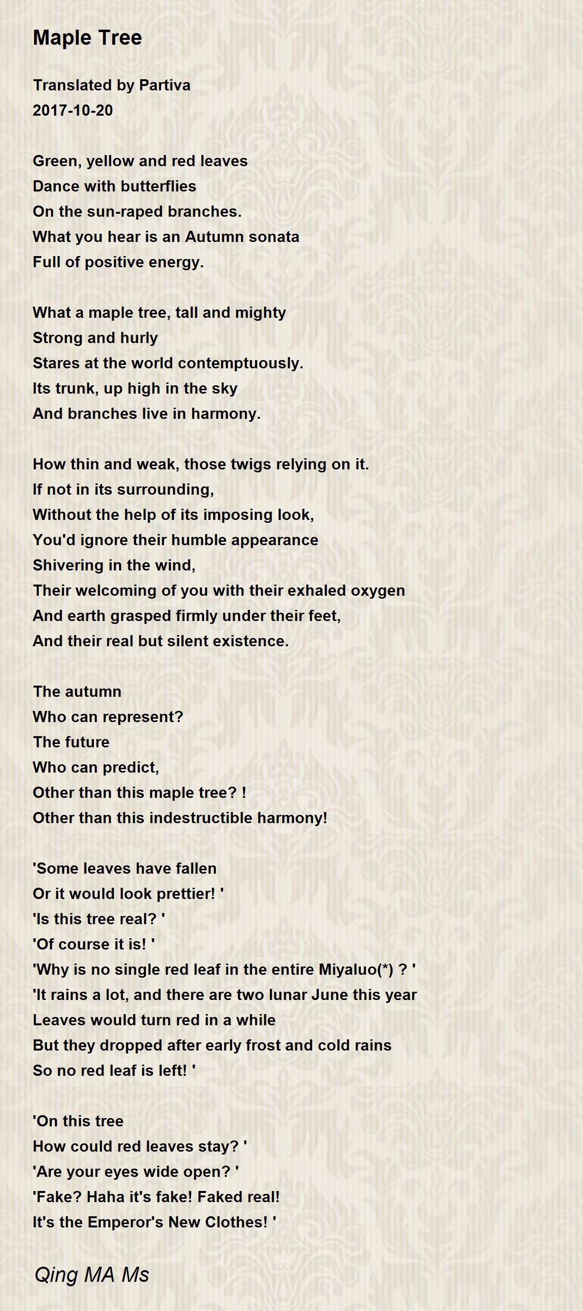 Maple Tree Maple Tree Poem by Qing MA Ms