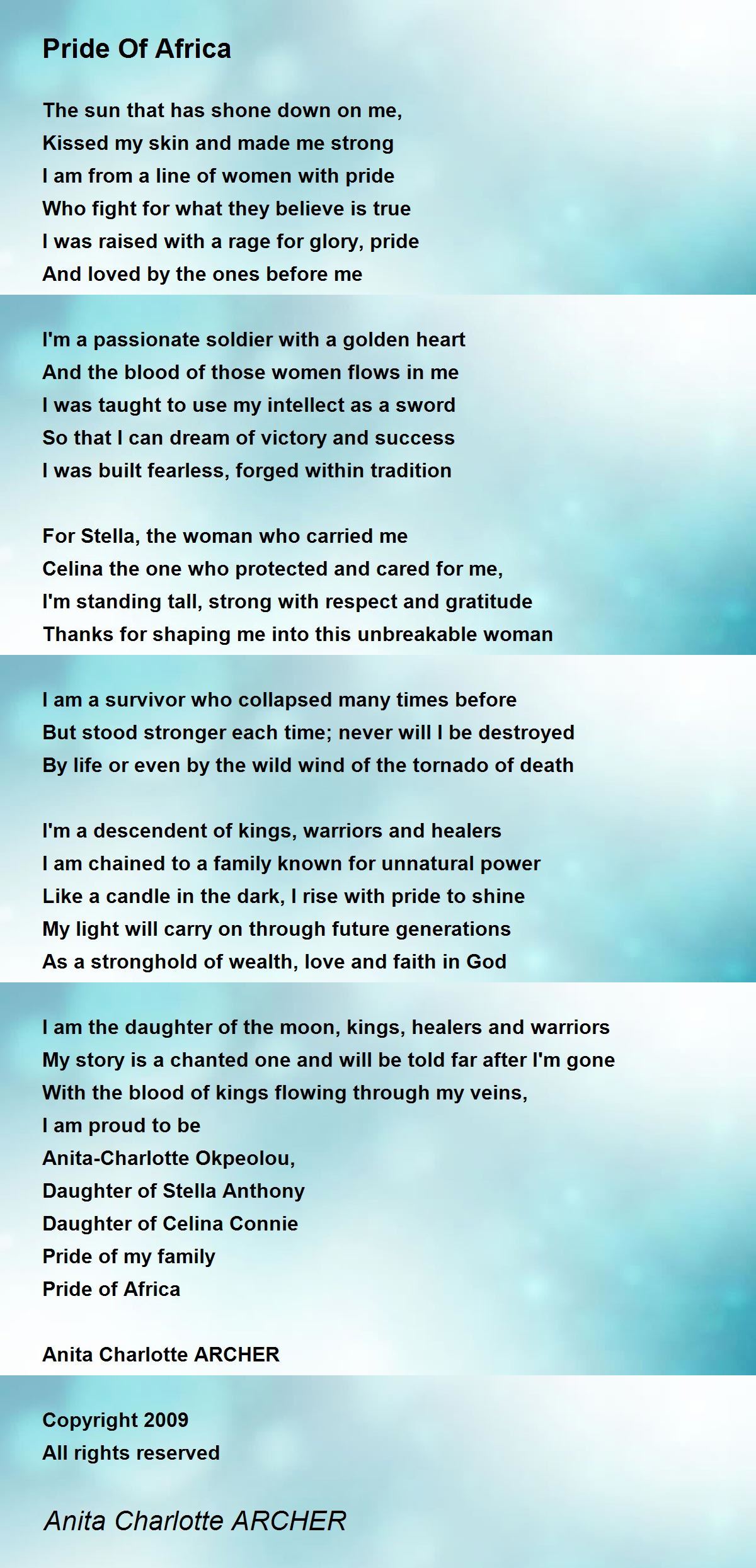 Pride Of Africa Pride Of Africa Poem by Anita Charlotte ARCHER