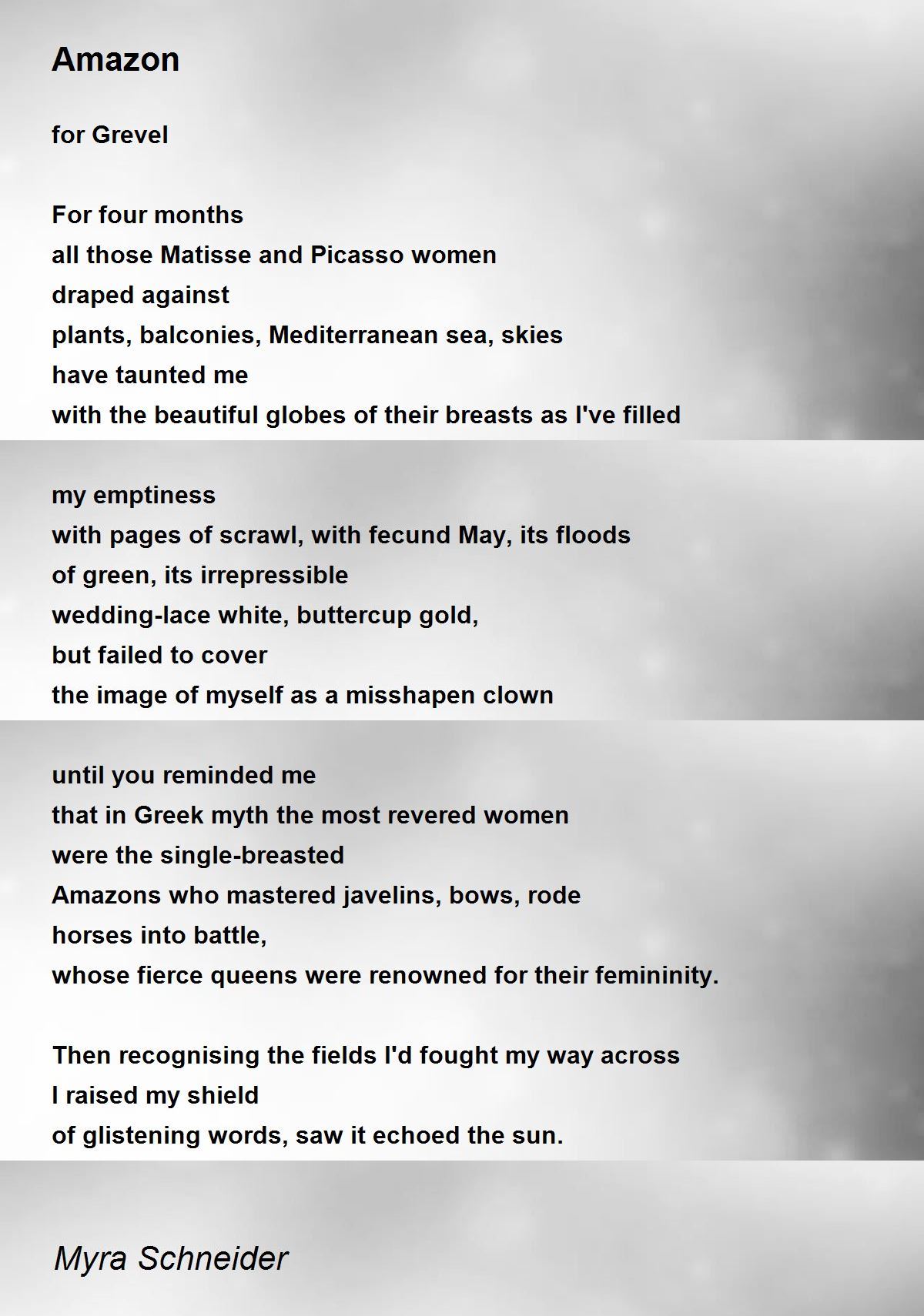Amazon Amazon Poem by Myra Schneider