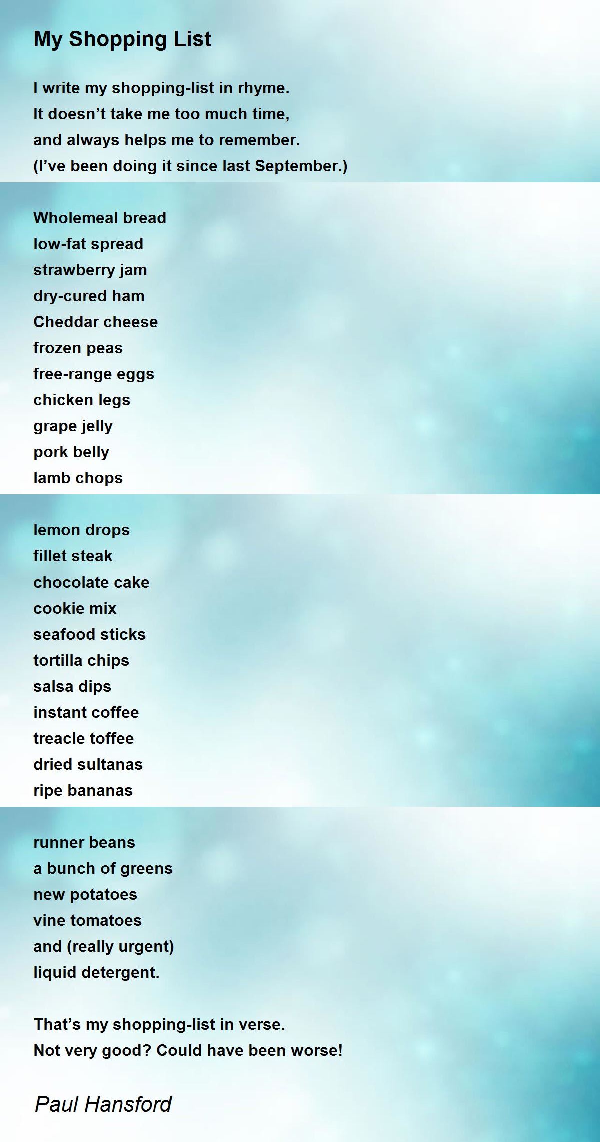 My Shopping List Poem by Paul Hansford - Poem Hunter
