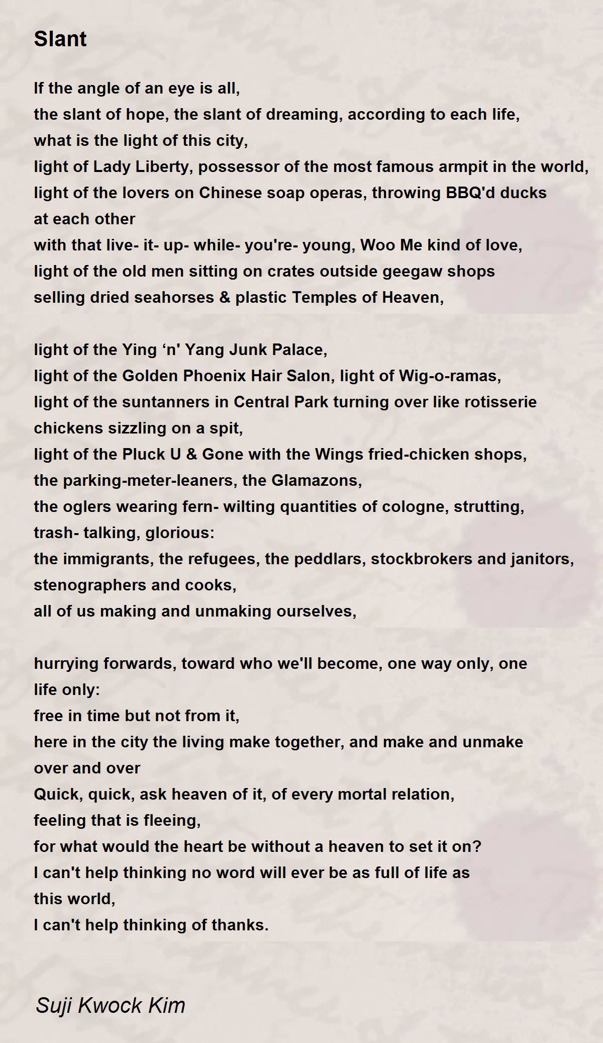 Slant Slant Poem by Suji Kwock Kim