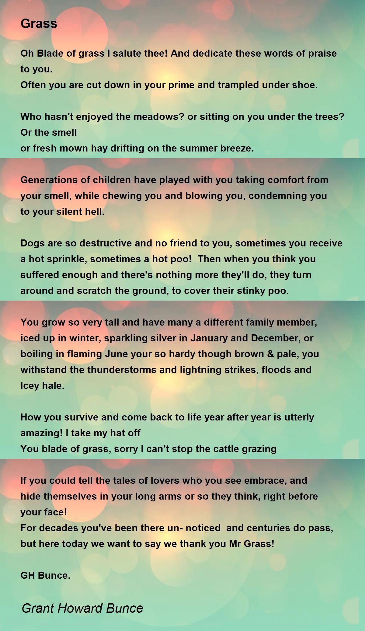 Grass Grass Poem by Grant Howard Bunce