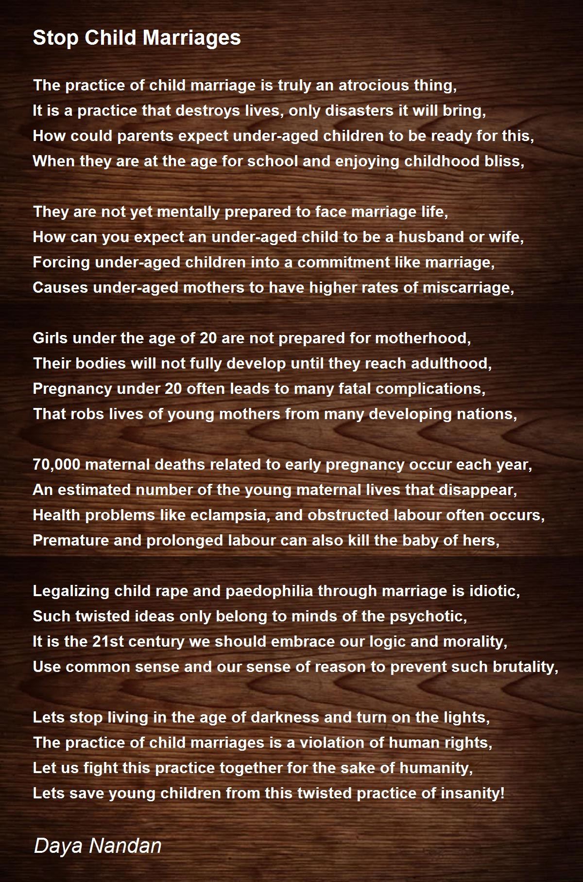 Stop Child Marriages Poem by Daya Nandan - Poem Hunter