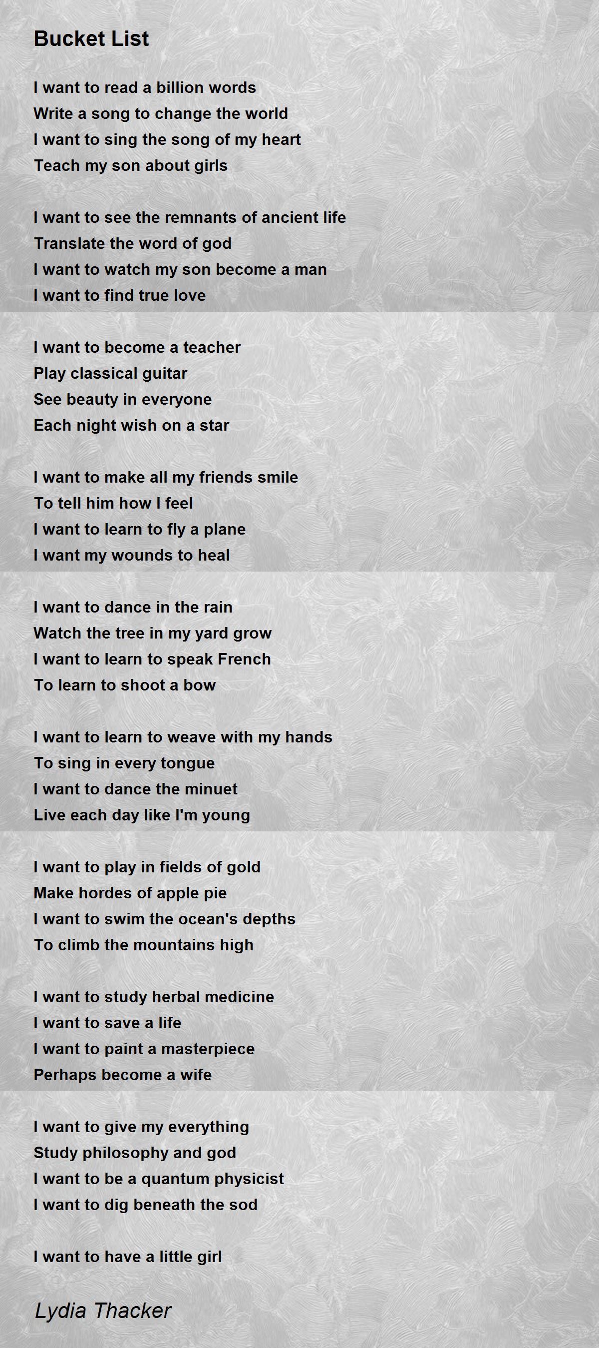 Bucket List Bucket List Poem by Lydia Thacker