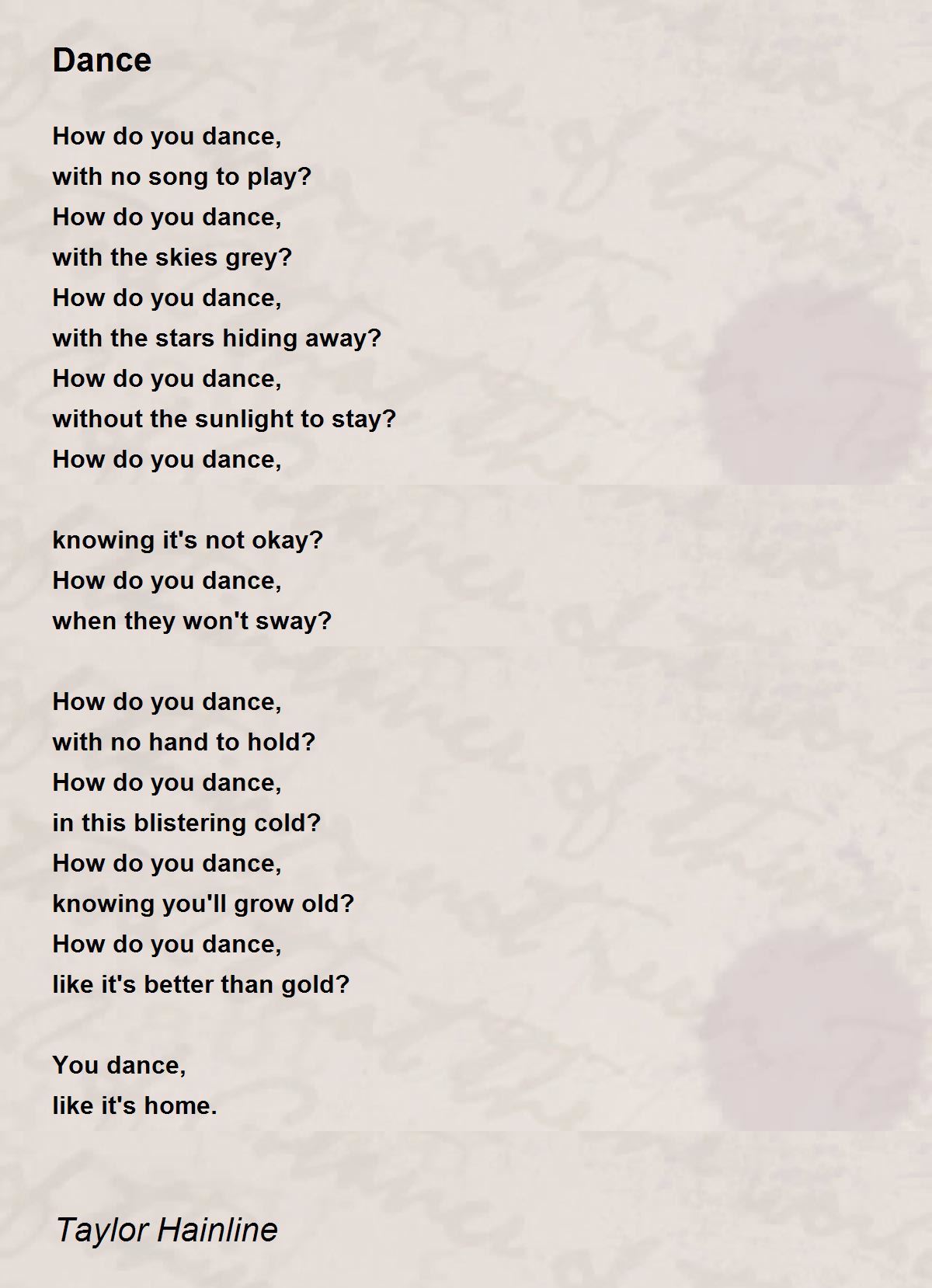 Dance Dance Poem by Taylor Hainline