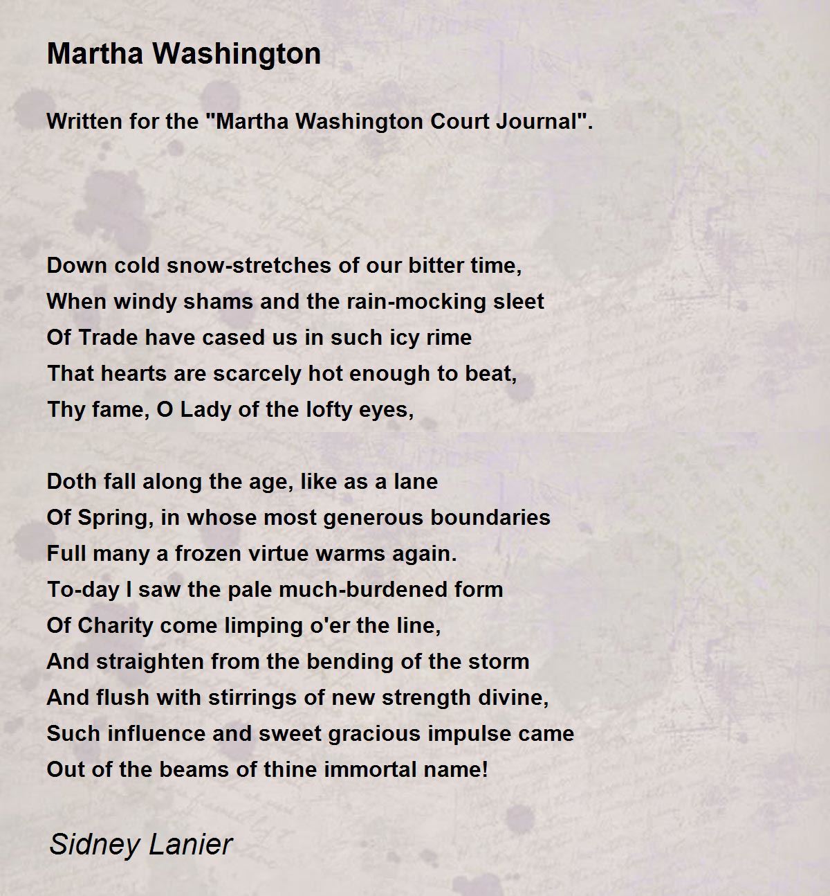 Martha Washington Poem by Sidney Lanier - Poem Hunter