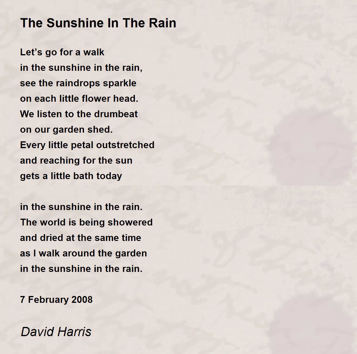 The Sunshine In The Rain Poem by David Harris Poem Hunter