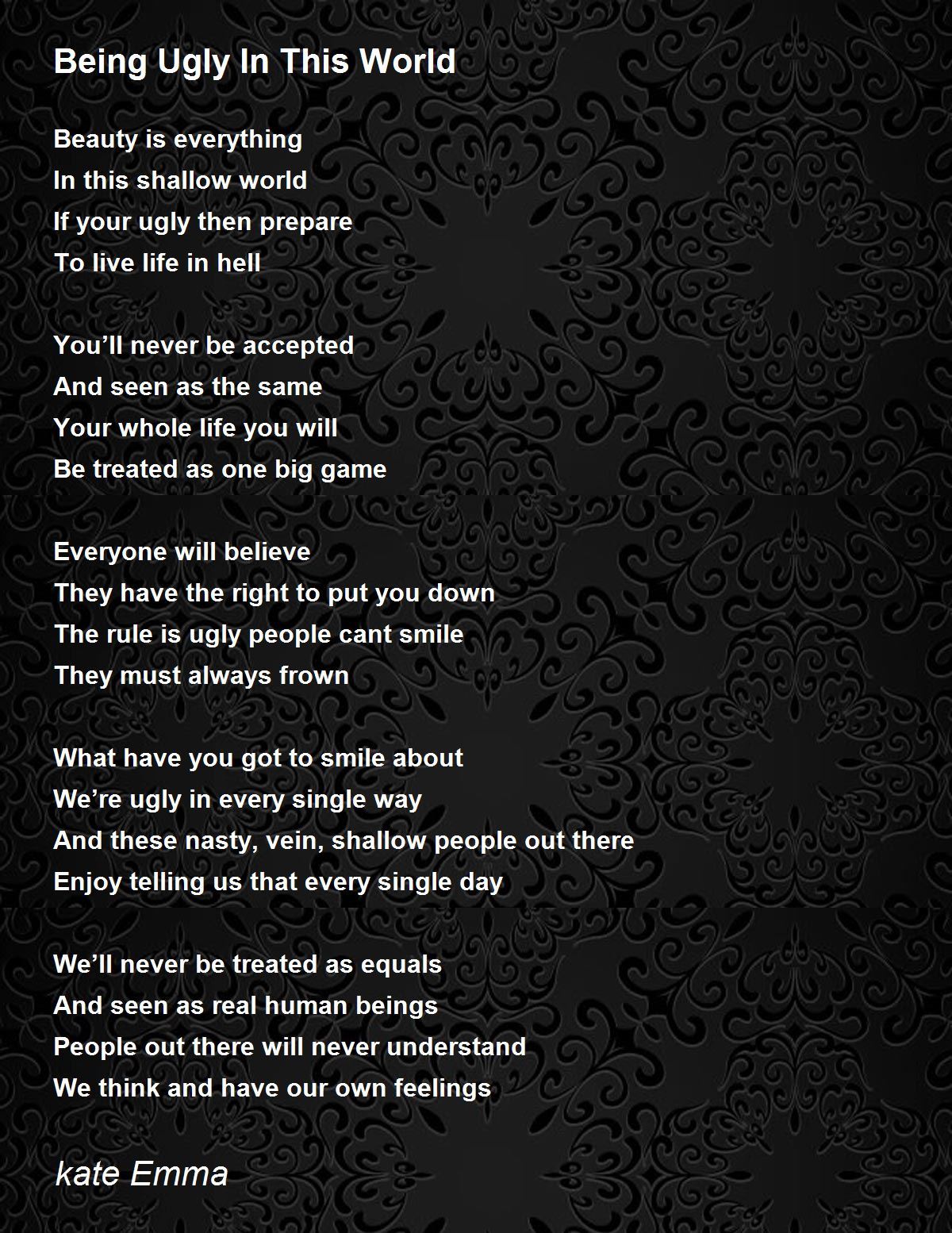 Being Ugly In This World Being Ugly In This World Poem by kate Emma