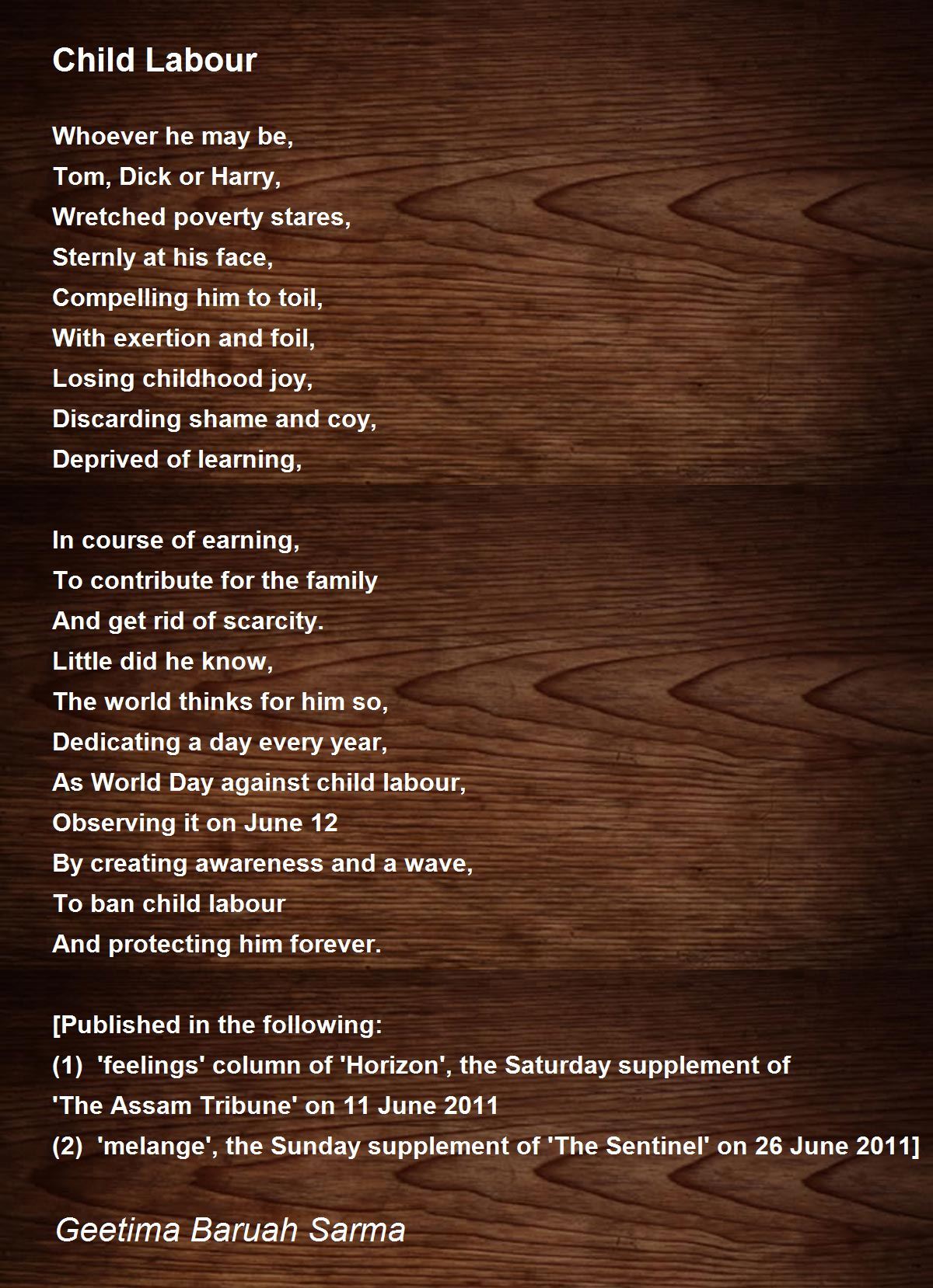 Child Labour By Geetima Baruah Sarma Child Labour Poem