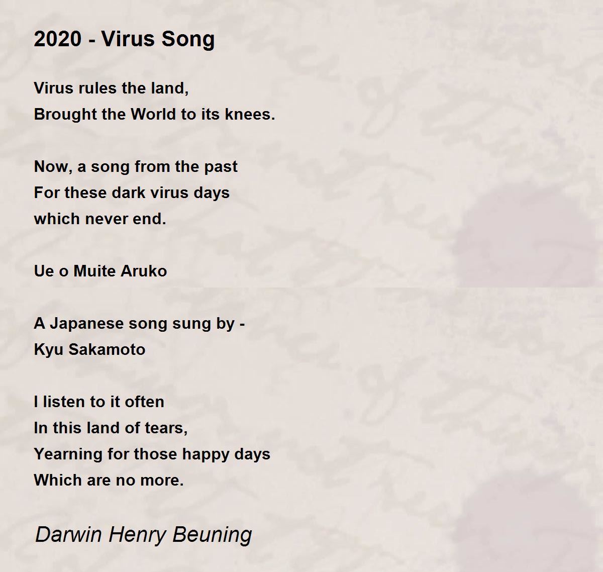 2020 Virus Song 2020 Virus Song Poem by Darwin Henry Beuning
