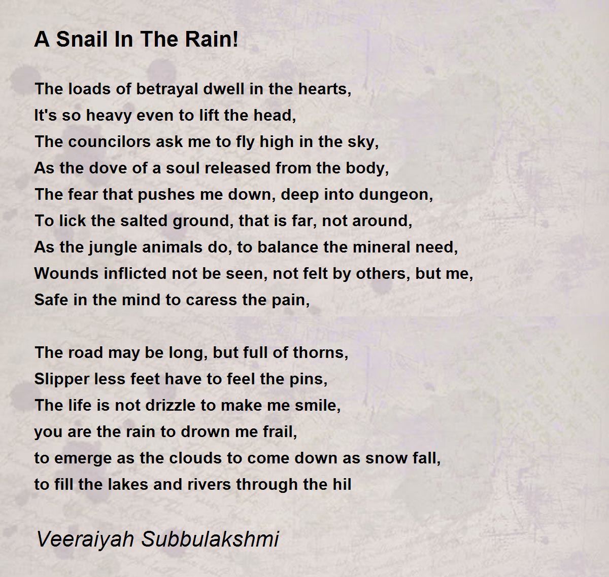 A Snail In The Rain! Poem by Veeraiyah Subbulakshmi Poem Hunter