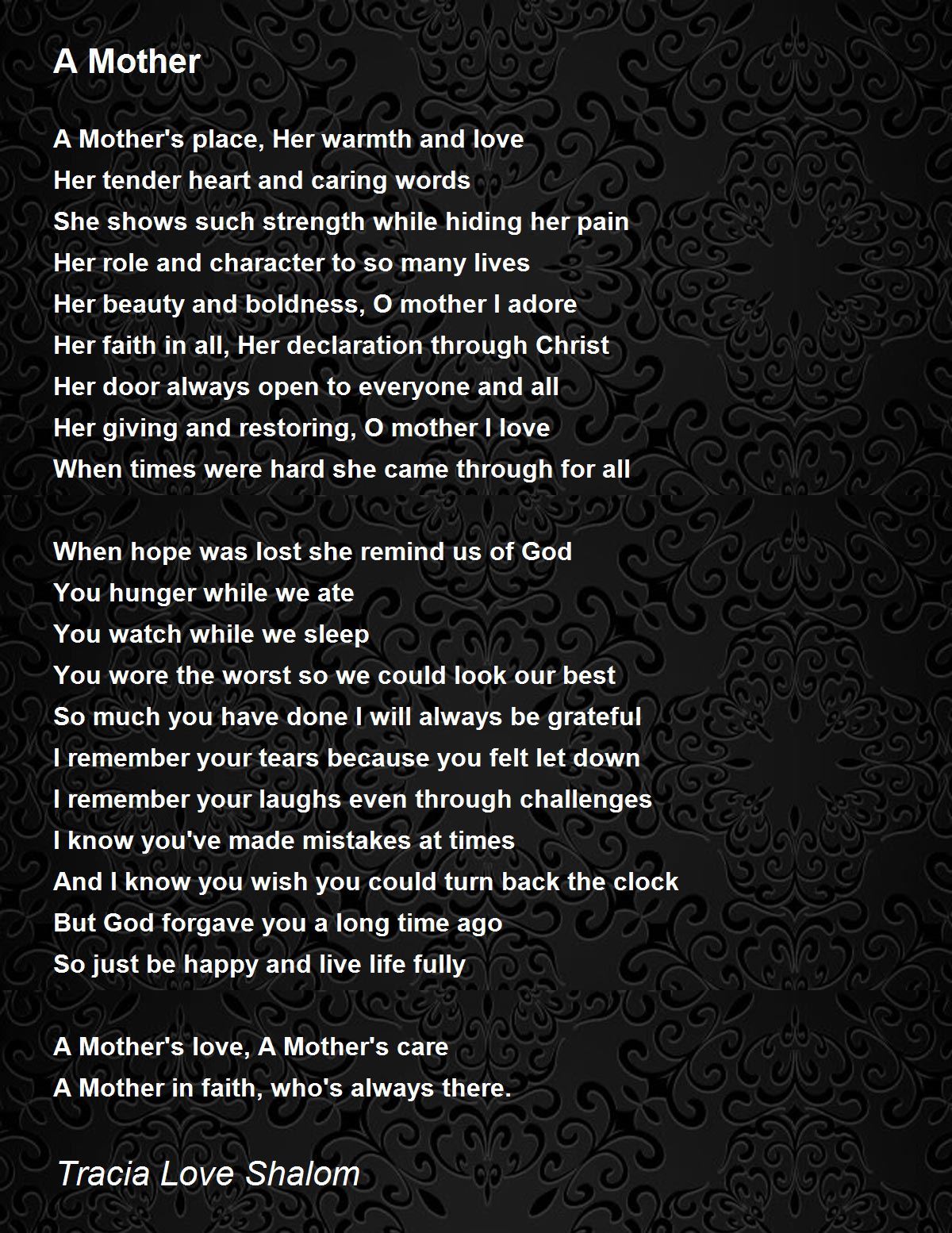 A Mother by Tracia Love Shalom - A Mother Poem
