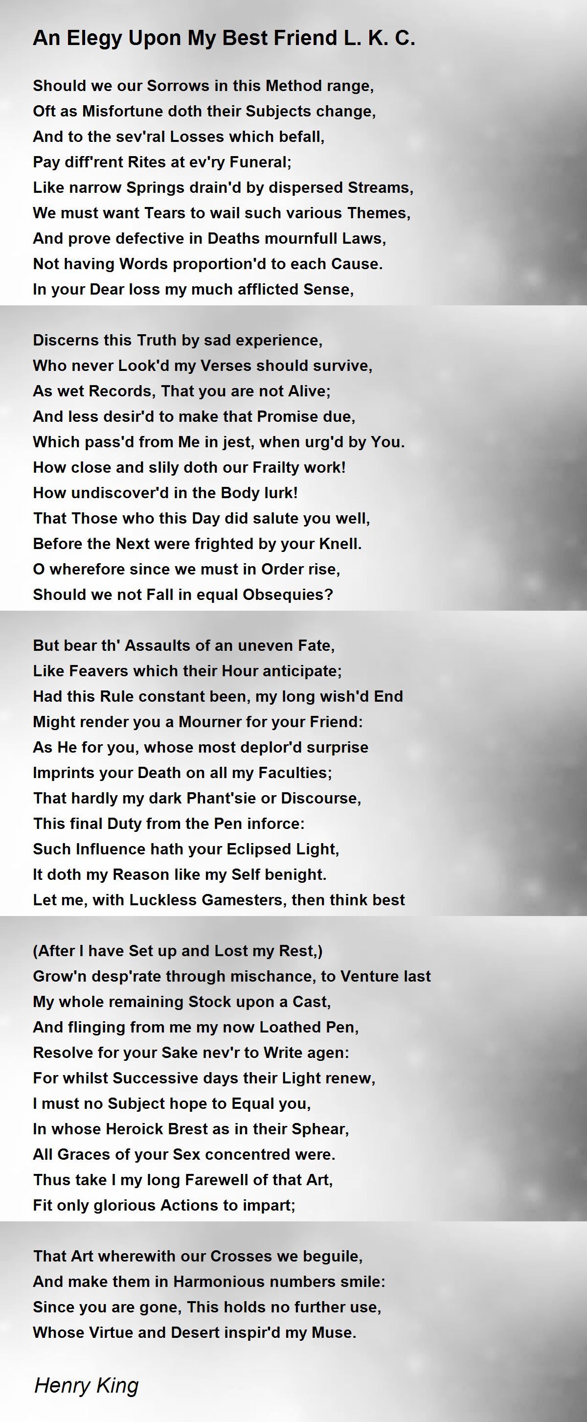 An Elegy Upon My Best Friend L. K. C. Poem by Henry King Poem Hunter