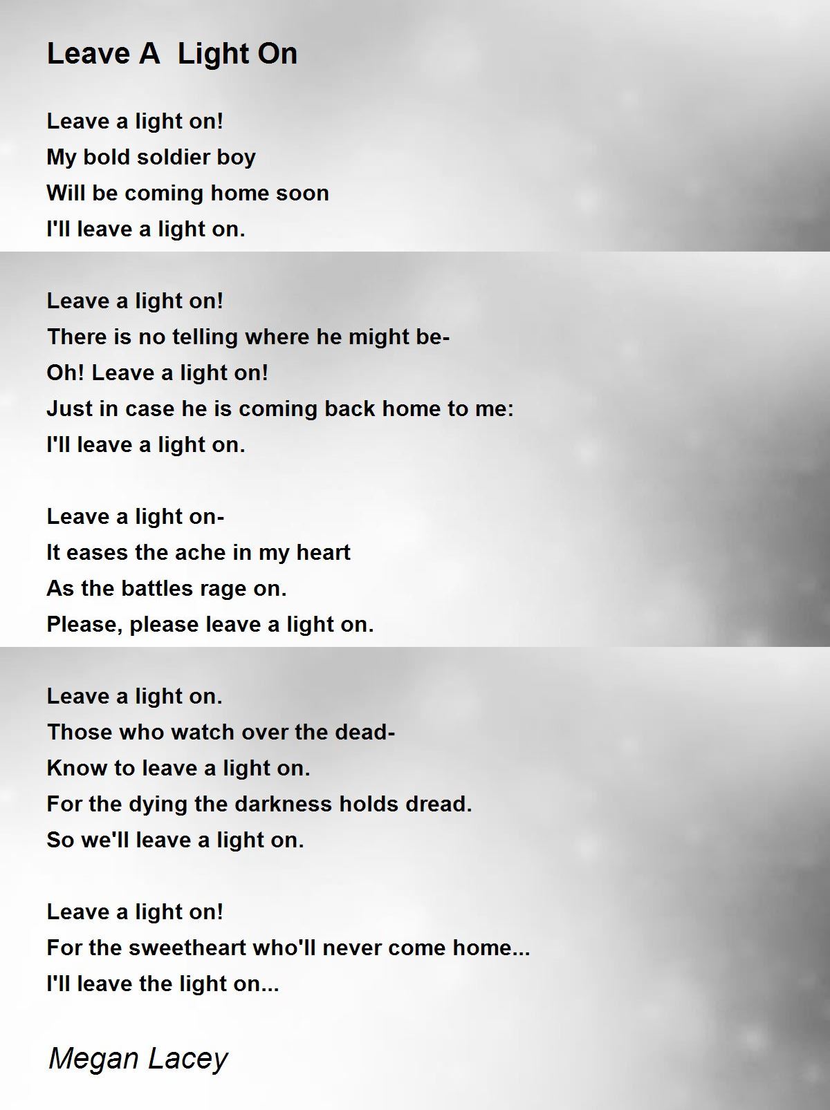 Leave A Light On Leave A Light On Poem by Megan Lacey