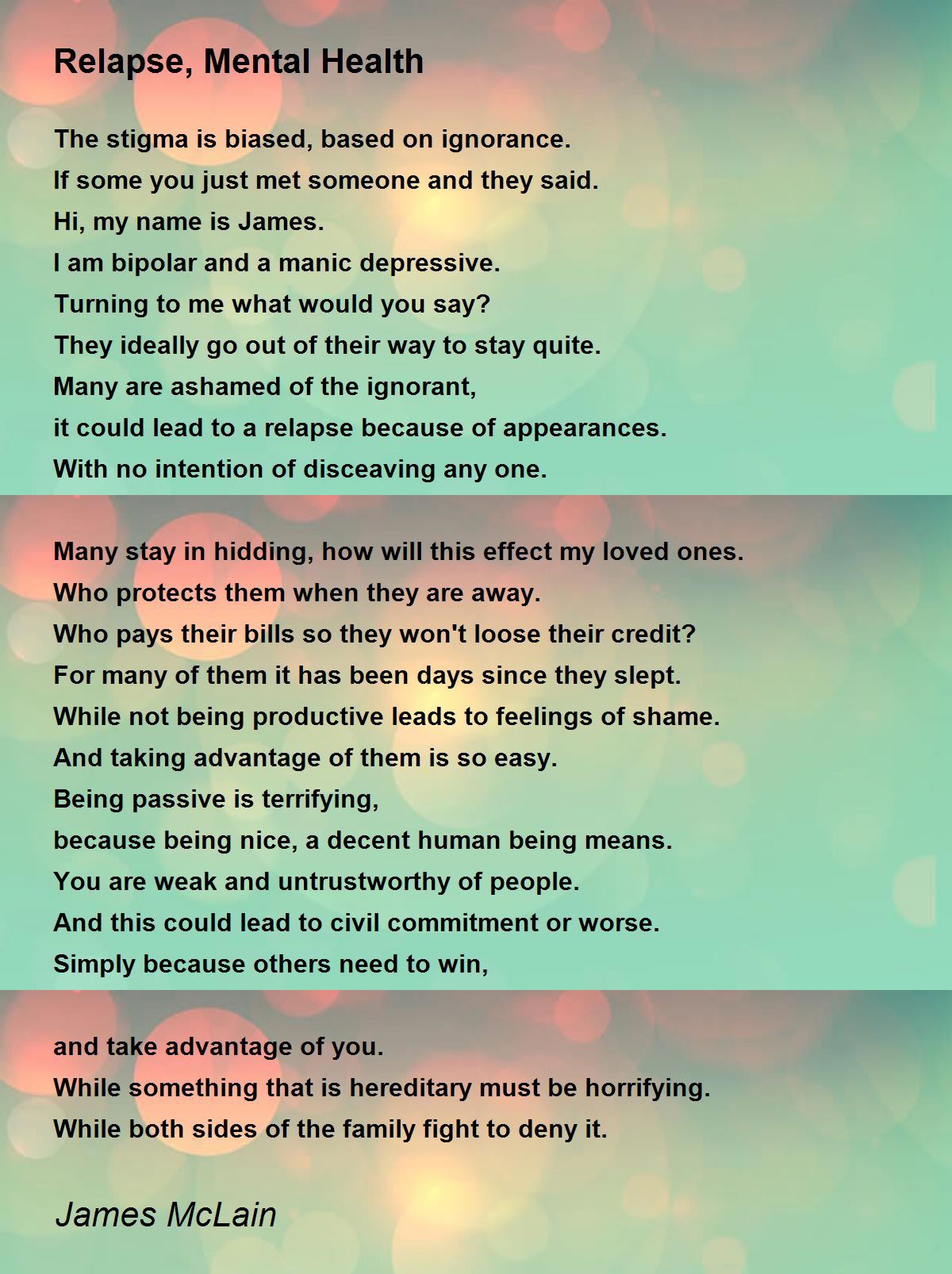 Relapse, Mental Health Relapse, Mental Health Poem by James McLain