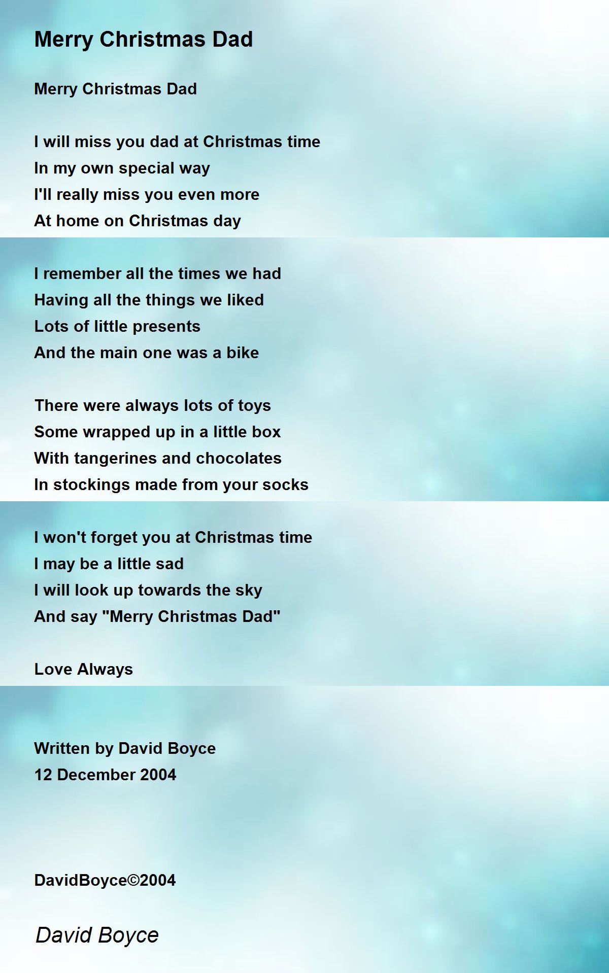 Merry Christmas Dad - Merry Christmas Dad Poem by David Boyce