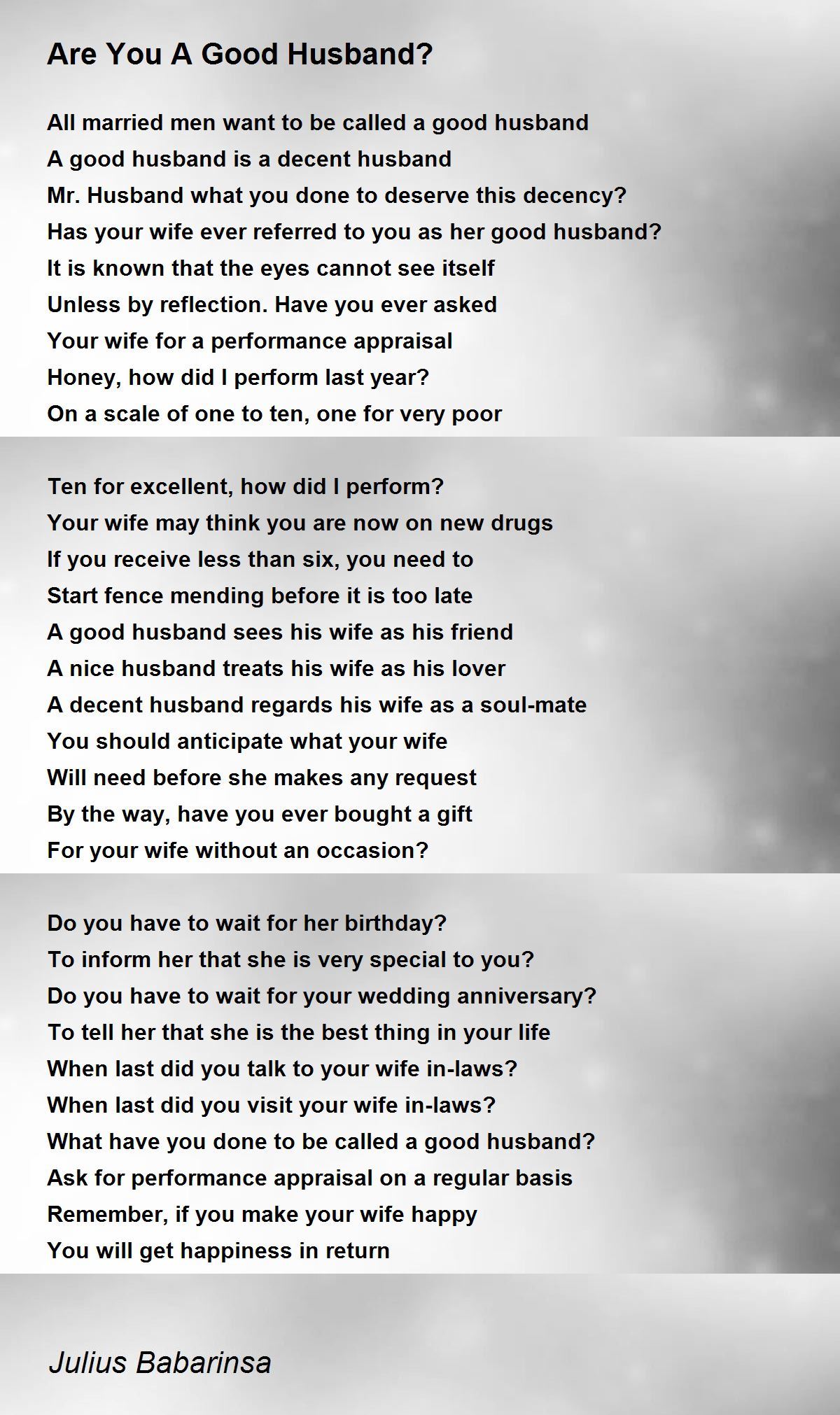 Are You A Good Husband Poem By Julius Babarinsa Poem Hunter