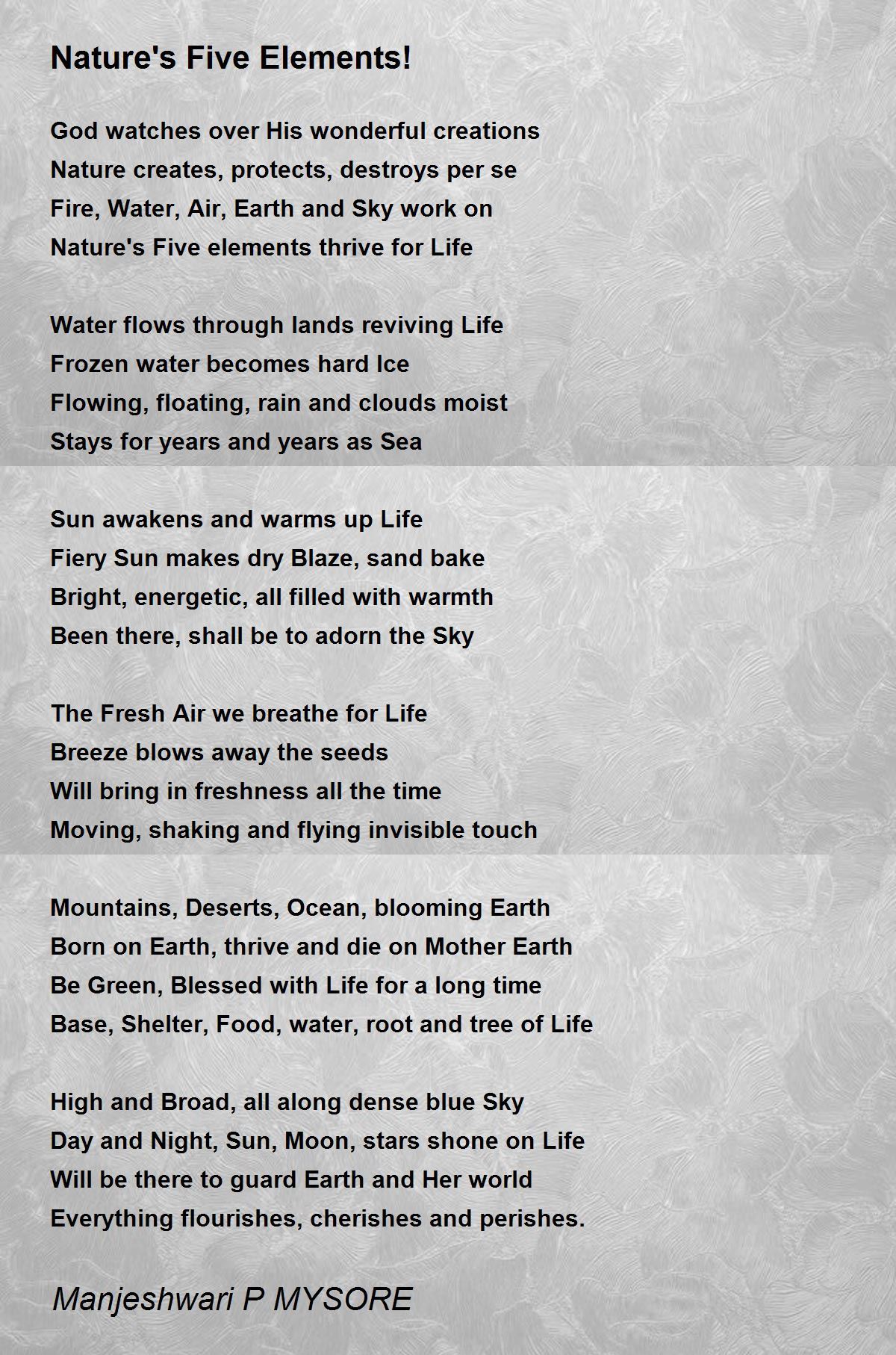 Nature's Five Elements! Nature's Five Elements! Poem by Manjeshwari P