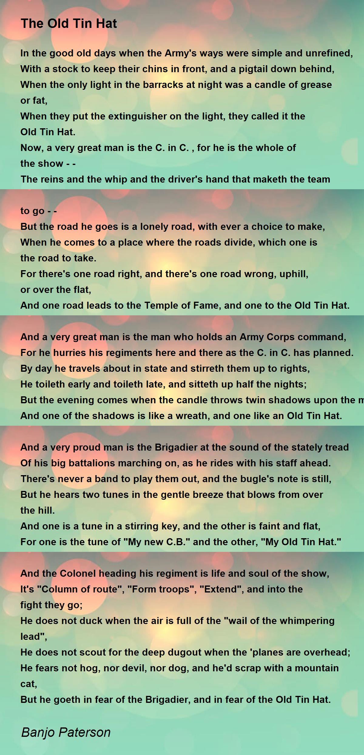 The Old Tin Hat Poem by Banjo Paterson Poem Hunter