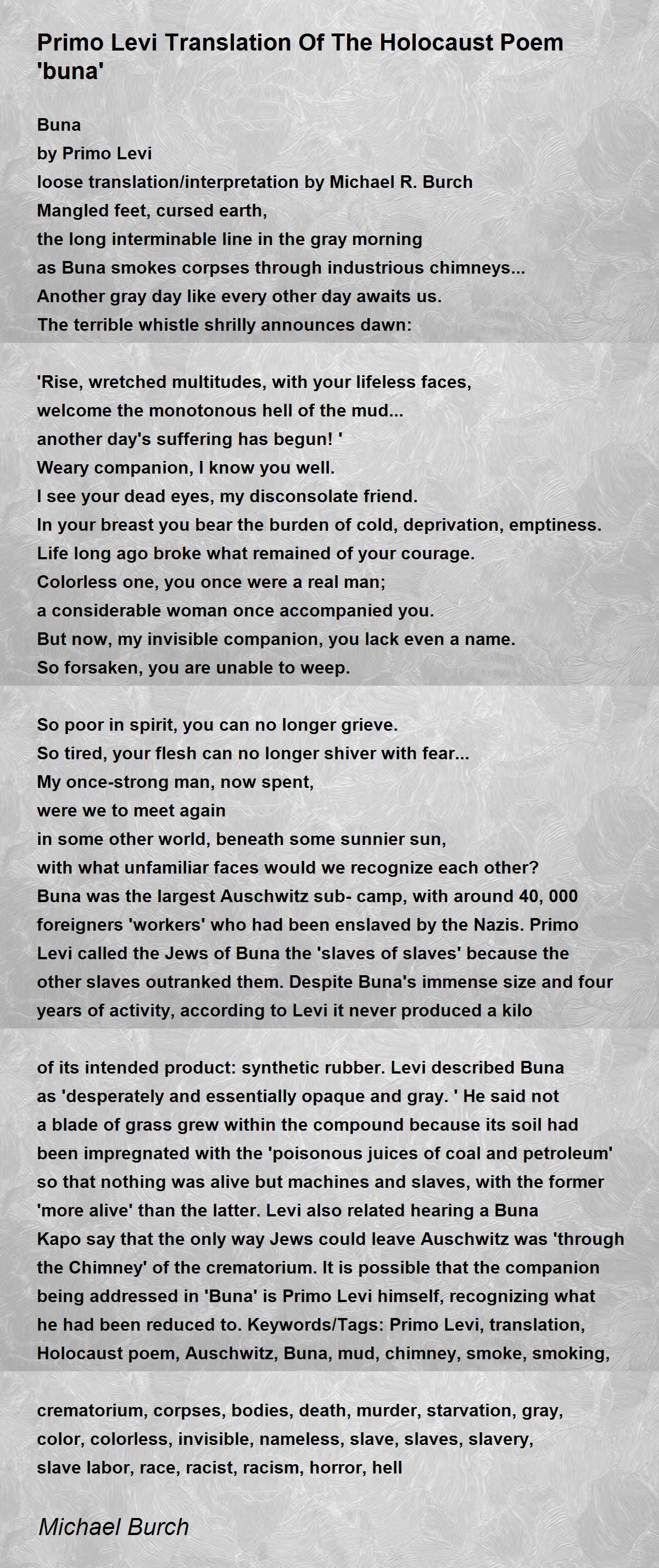 Primo Levi Translation Of The Holocaust Poem 'buna' Primo Levi