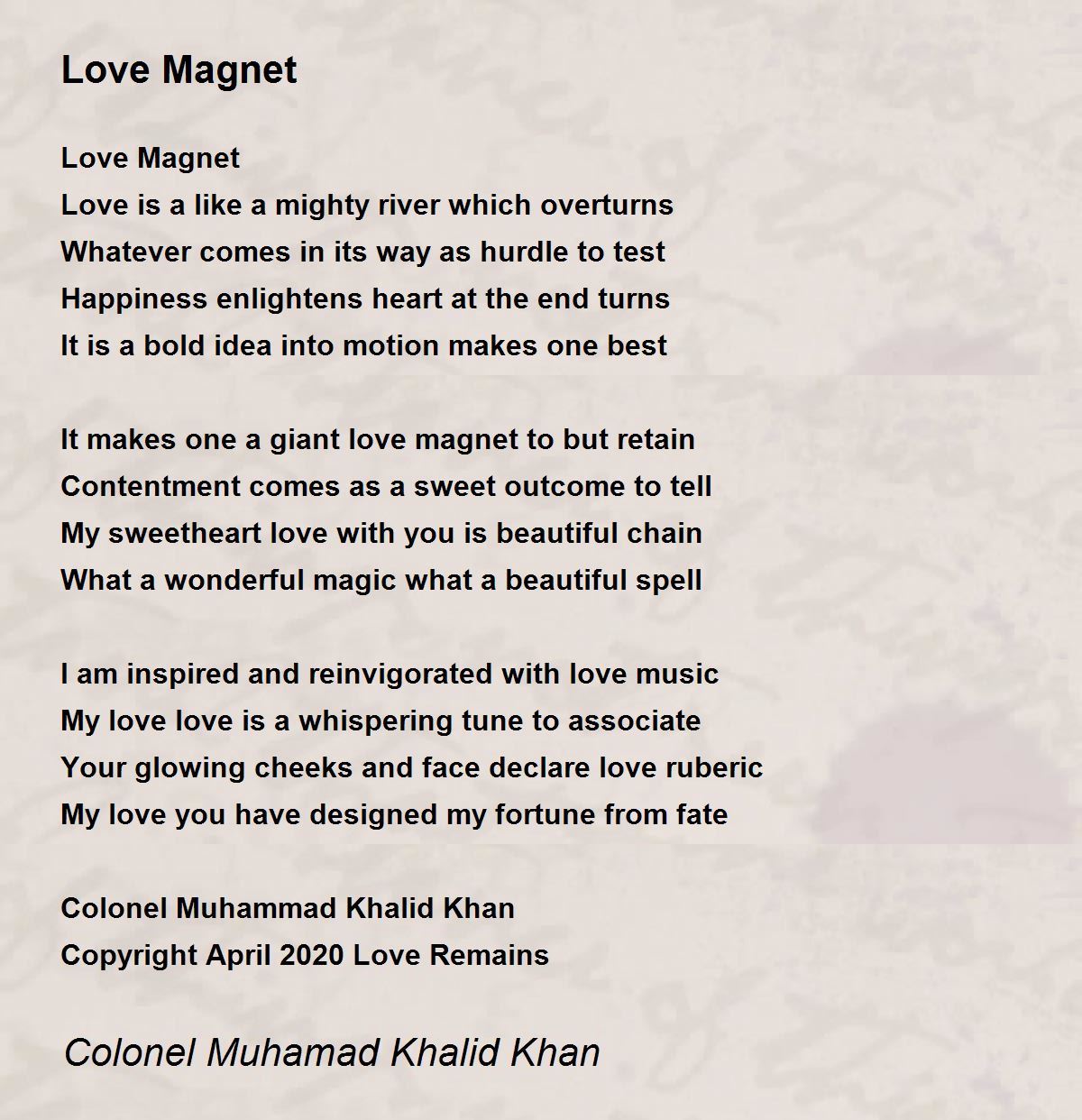 Love Love Poem by Colonel Muhamad Khalid Khan