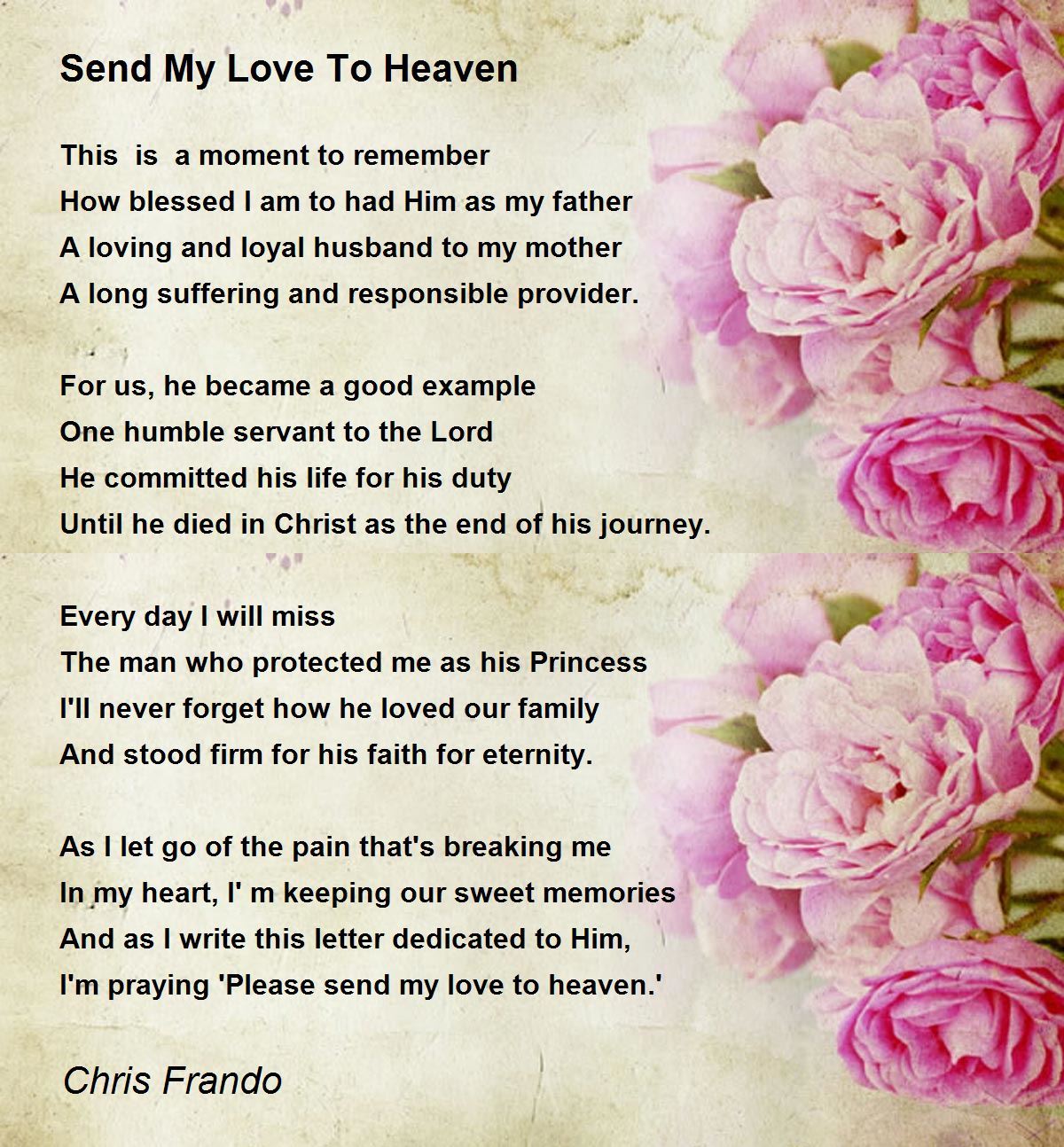 Poem For Husband In Heaven Send My Love To Heaven - Send My Love To Heaven Poem By Chris Frando