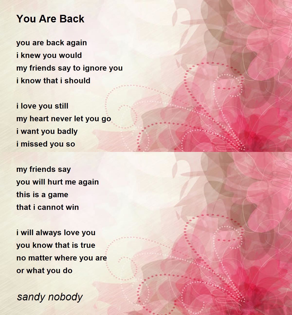 You Are Back You Are Back Poem by sandy nobody