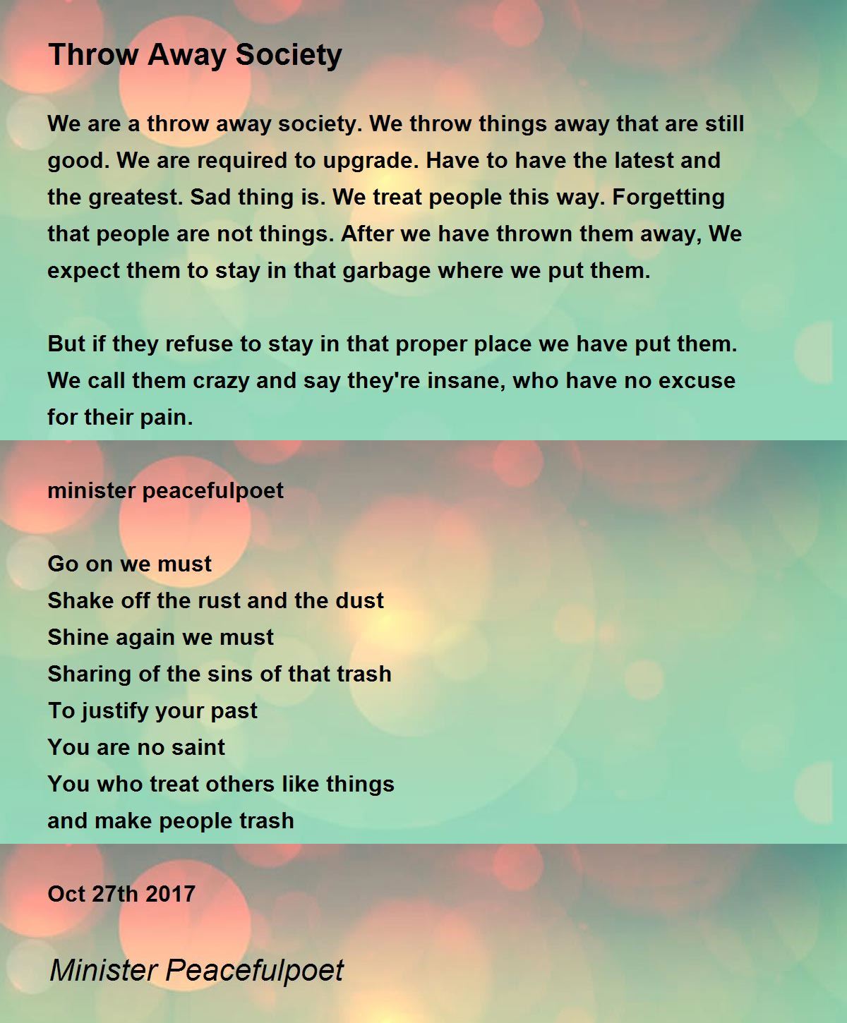 Throw Away Society by Minister Peacefulpoet Throw Away Society Poem