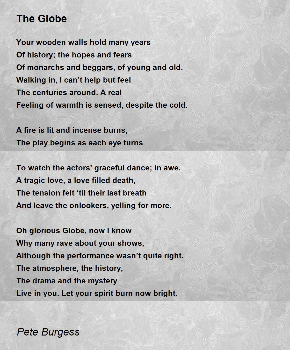 The Globe by Pete Burgess The Globe Poem
