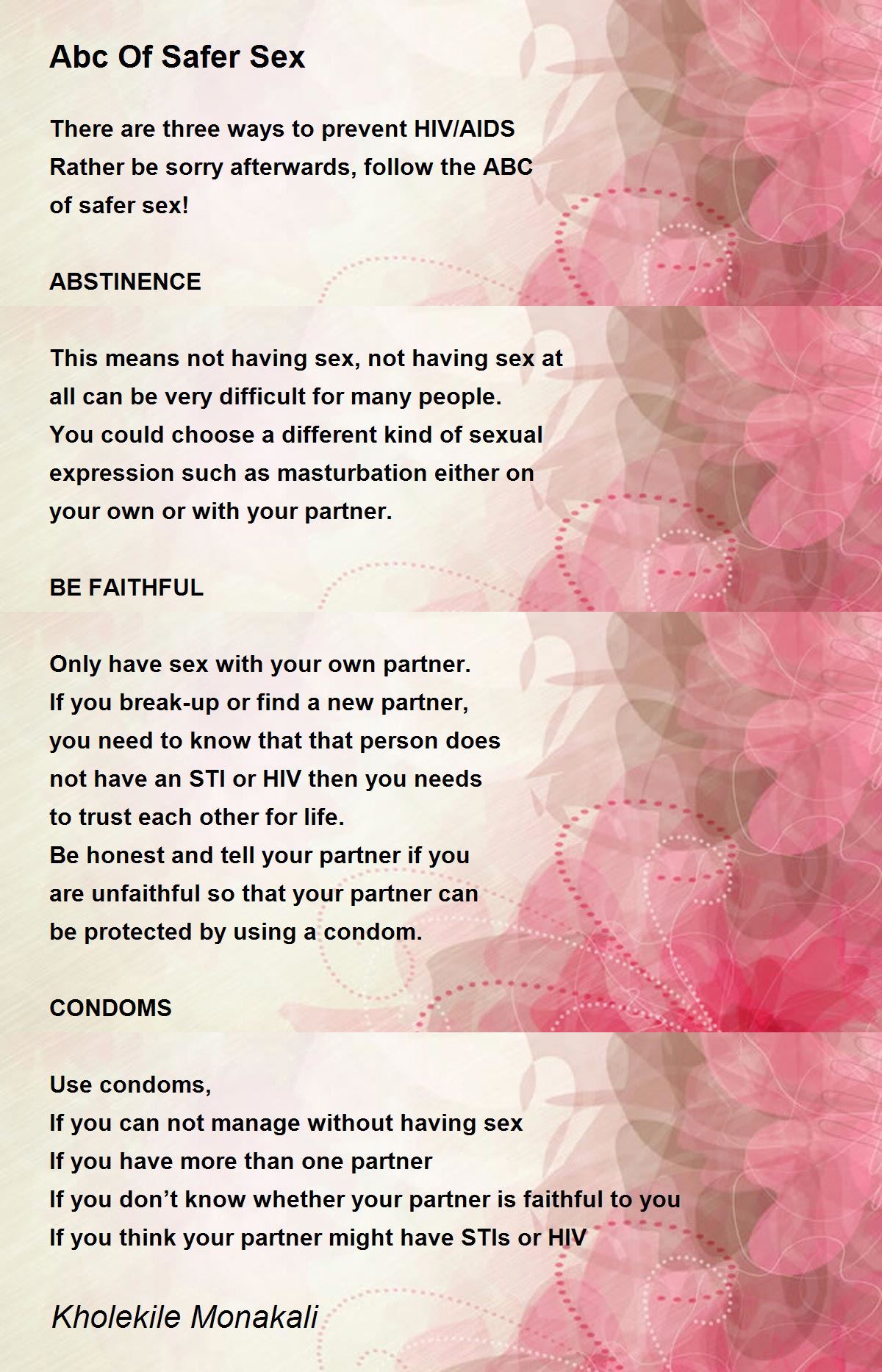 Abc Of Safer Sex Abc Of Safer Sex Poem By Kholekile Monakali
