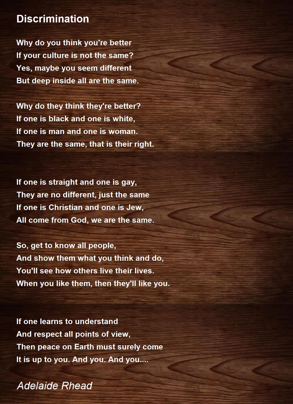 Discrimination Poem By Adelaide Rhead Poem Hunter