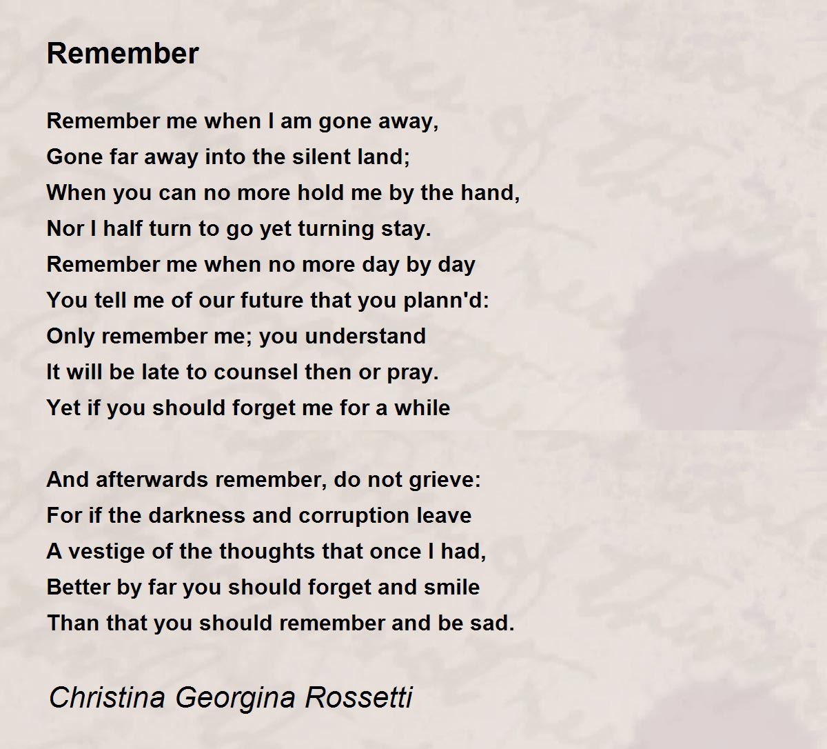 Remember Poem by Christina Georgina Rossetti - Poem Hunter