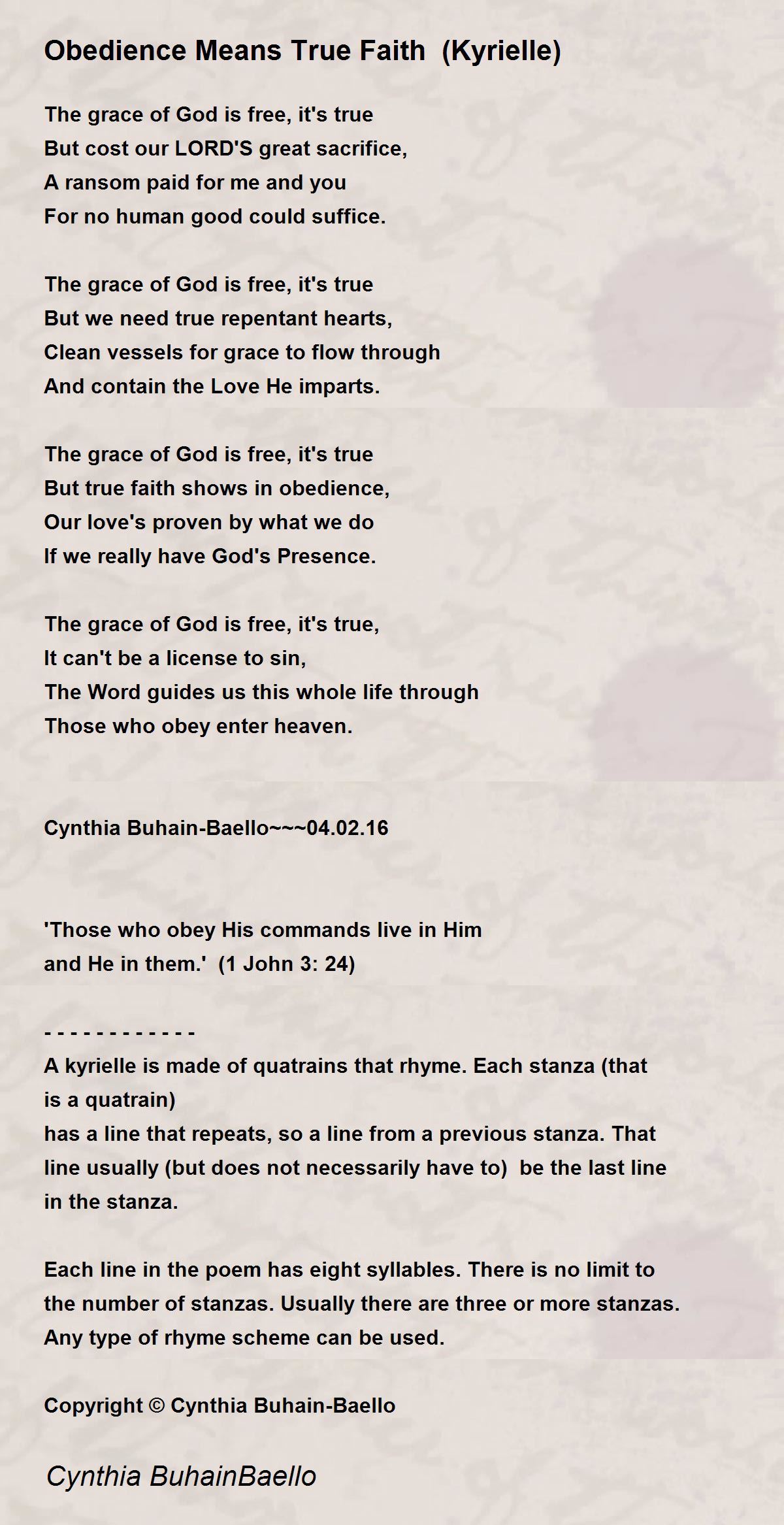 Obedience Means True Faith (Kyrielle) by Cynthia BuhainBaello