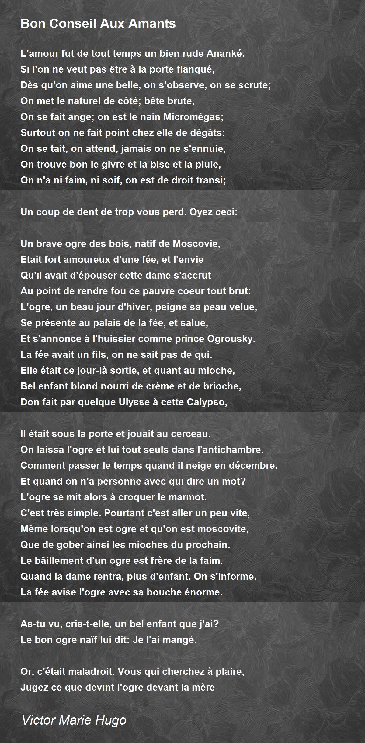 Bon Conseil Aux Amants Poem by Victor Marie Hugo - Poem Hunter Comments