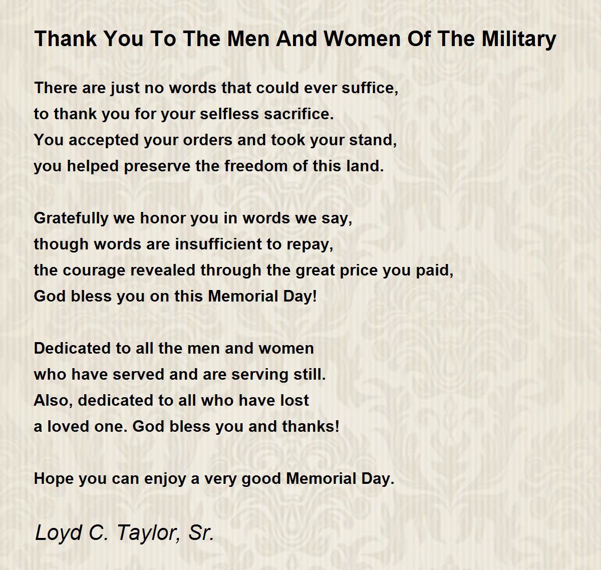 Thank You To The Men And Women Of The Military by Loyd C Taylor Sr