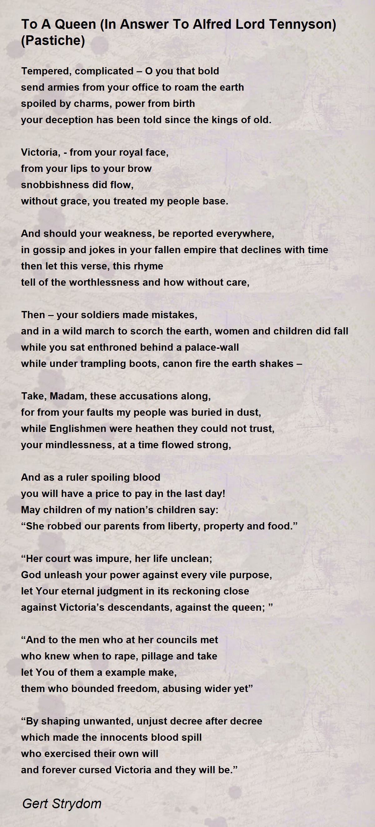 To A Queen (In Answer To Alfred Lord Tennyson) (Pastiche) by Gert