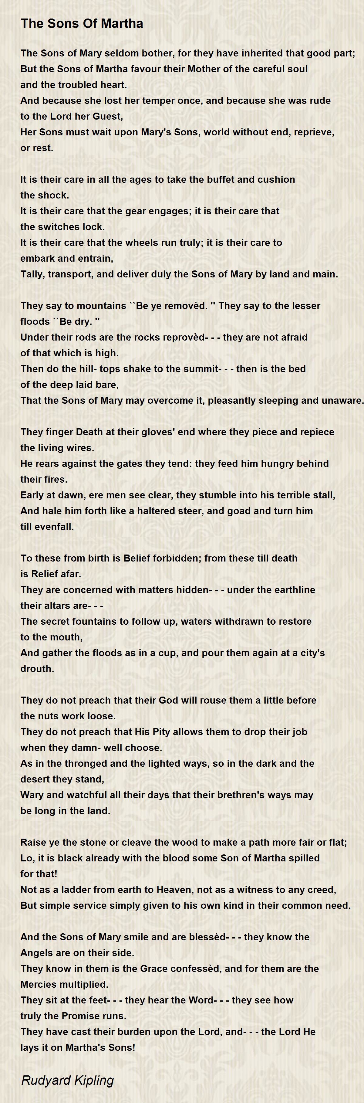The Sons Of Martha Poem by Rudyard Kipling - Poem Hunter