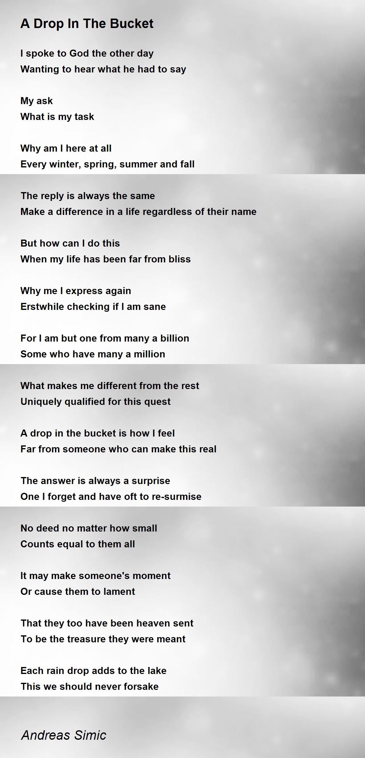 A Drop In The Bucket A Drop In The Bucket Poem by Andreas Simic