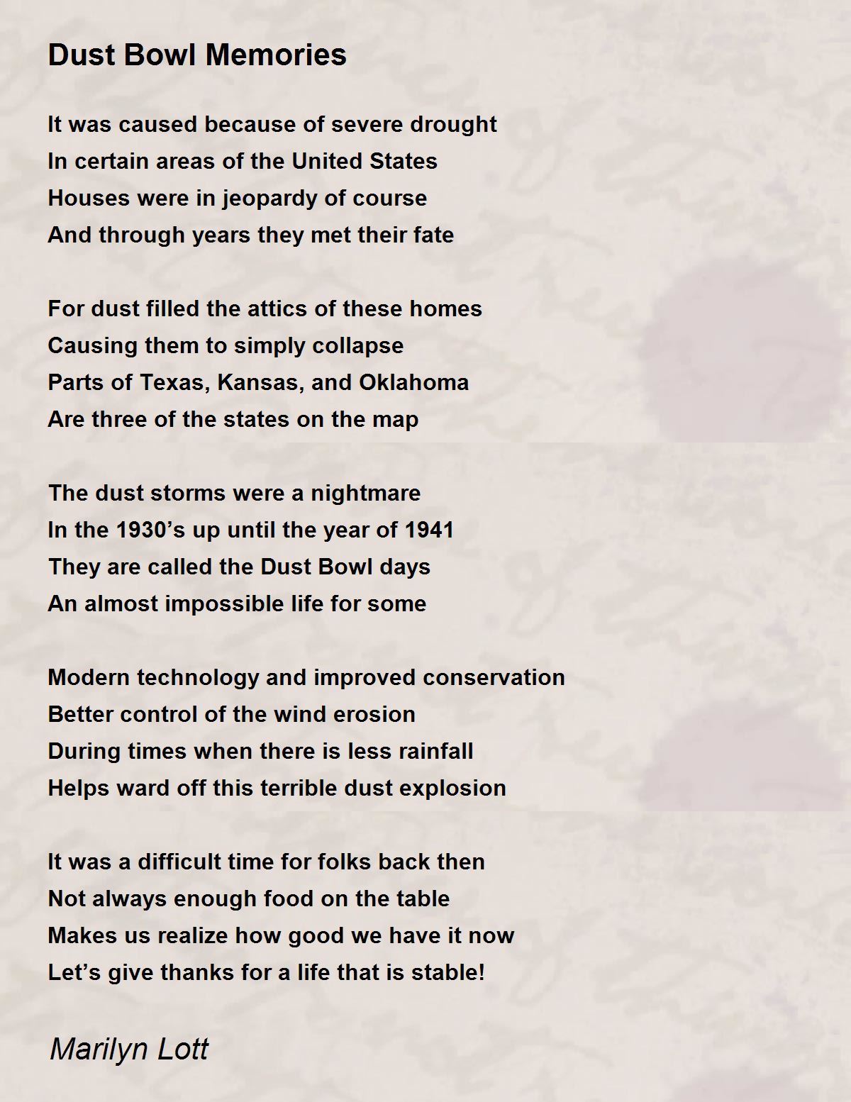 Dust Bowl Memories Dust Bowl Memories Poem by Marilyn Lott