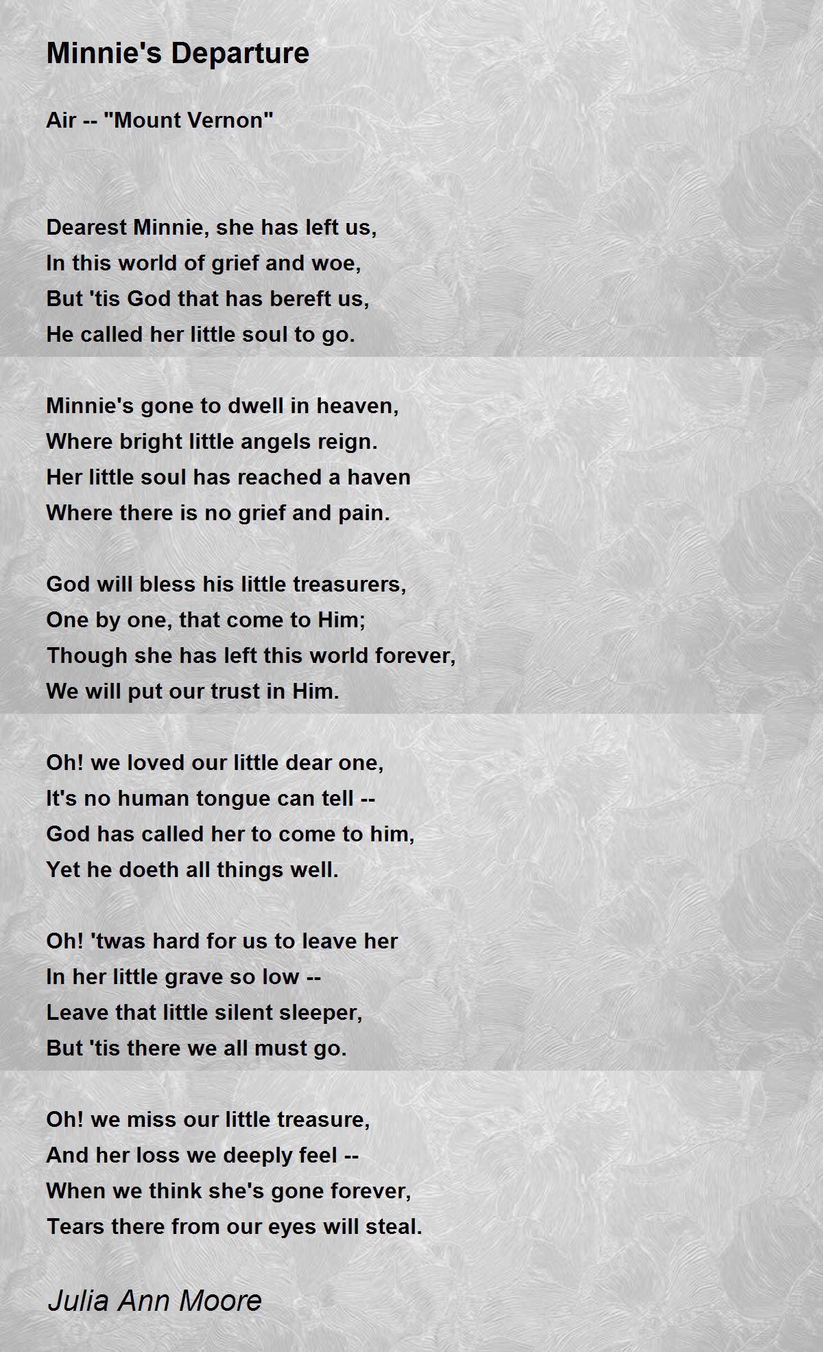 Minnie's Departure Poem by Julia Ann Moore - Poem Hunter