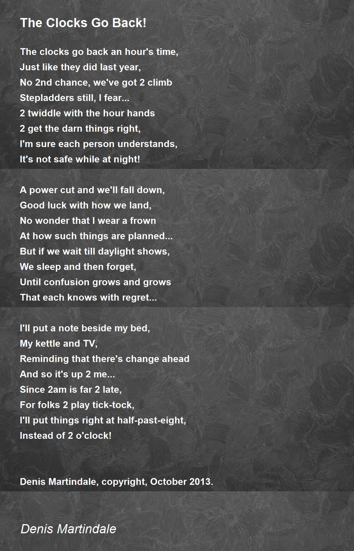 The Clocks Go Back! The Clocks Go Back! Poem by Denis Martindale