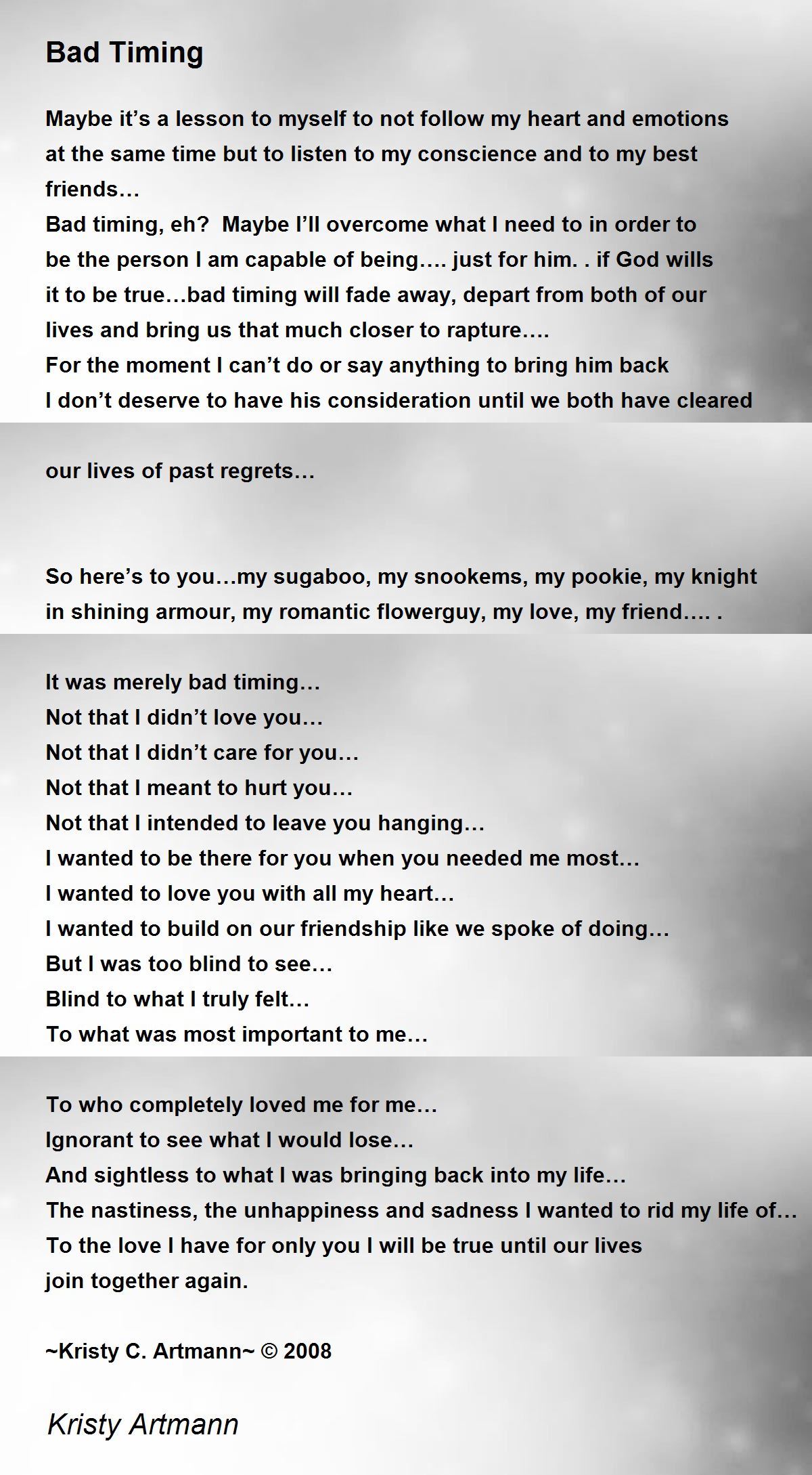 Bad Timing Bad Timing Poem by Kristy Artmann