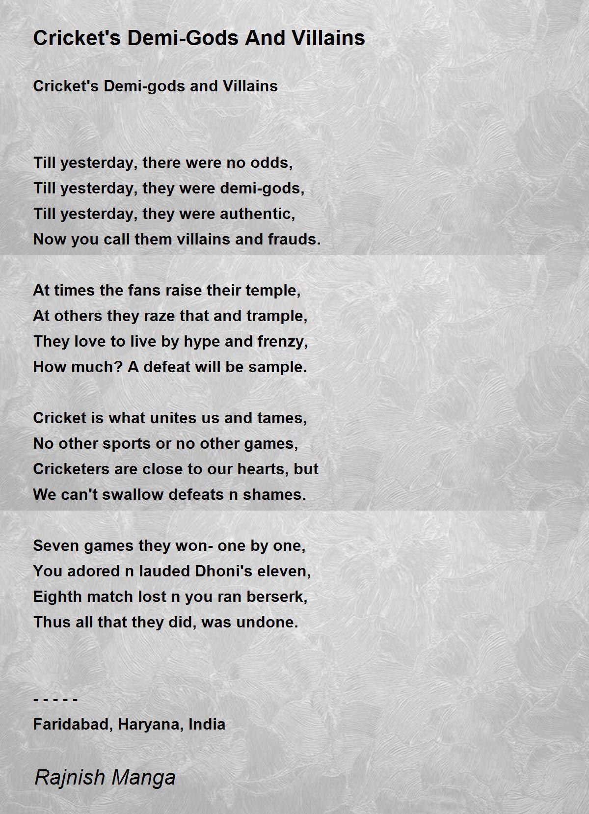 Cricket's Demi-Gods And Villains Poem by Rajnish Manga - Poem Hunter