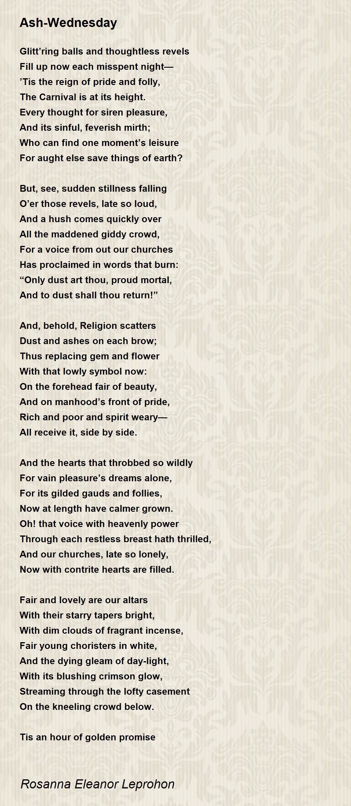 AshWednesday by Rosanna Eleanor Leprohon AshWednesday Poem