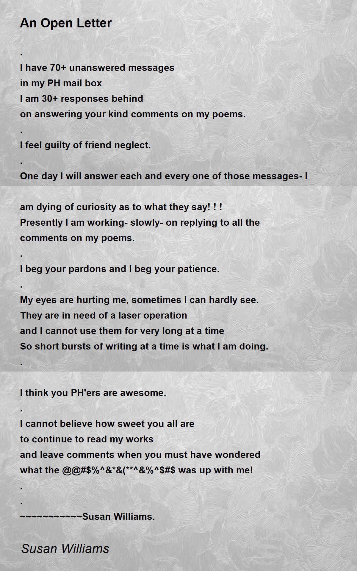 An Open Letter An Open Letter Poem by Susan Williams