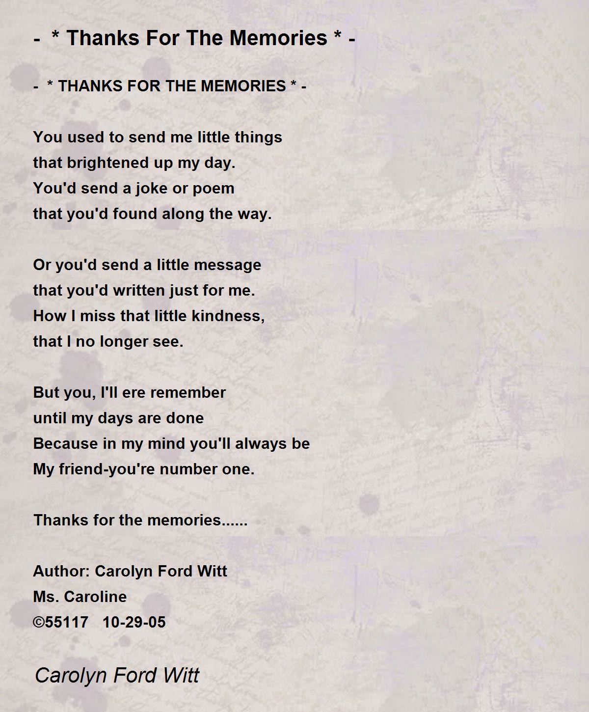 Thanks For The Memories By Carolyn Ford Witt Thanks For The Memories Poem