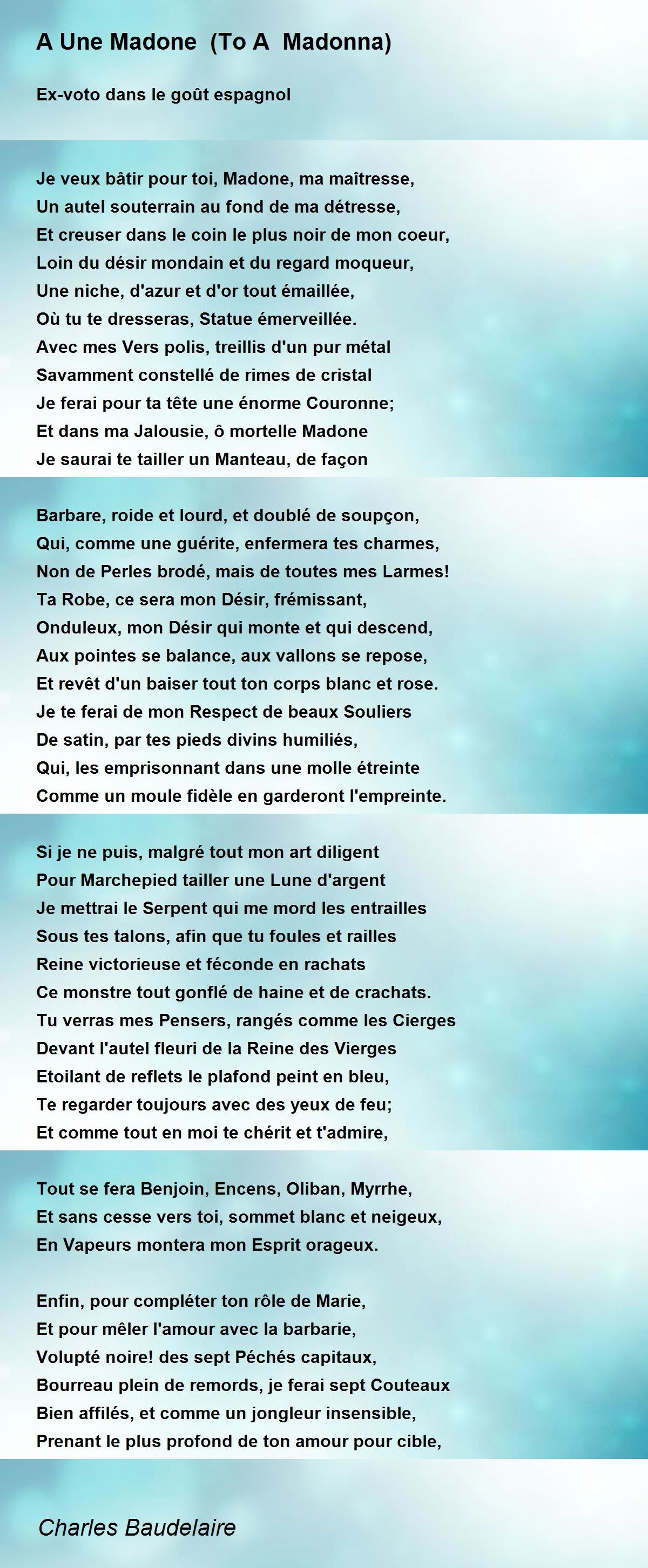 A Une Madone To A Madonna Poem By Charles Baudelaire