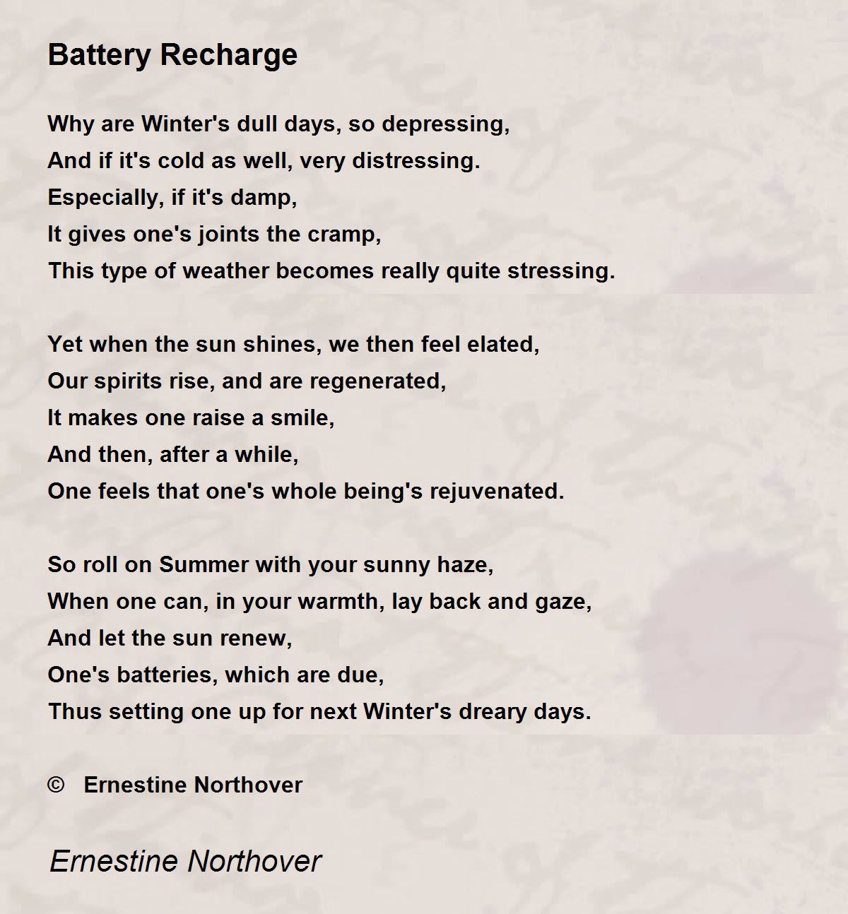 Battery Recharge Battery Recharge Poem by Ernestine Northover