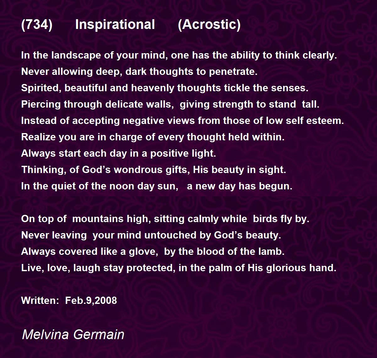 (734) Inspirational (Acrostic) Poem by Melvina Germain 
