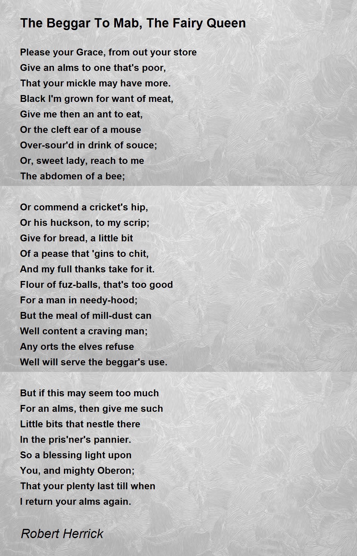 The Beggar To Mab, The Fairy Queen Poem by Robert Herrick - Poem Hunter